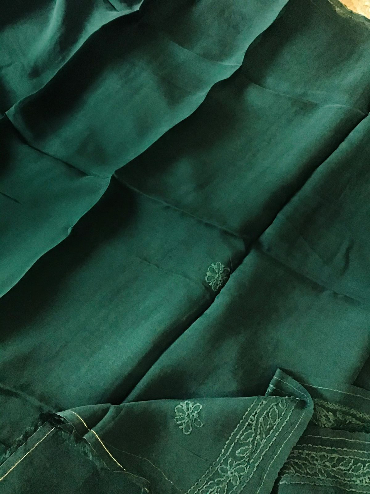 Pure Organza Embroidered Suit - Dark Green