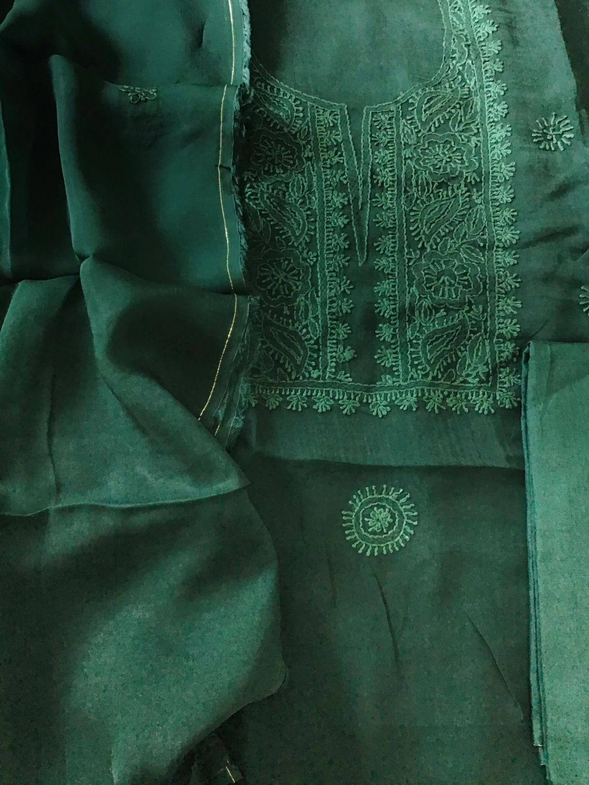Pure Organza Embroidered Suit - Dark Green