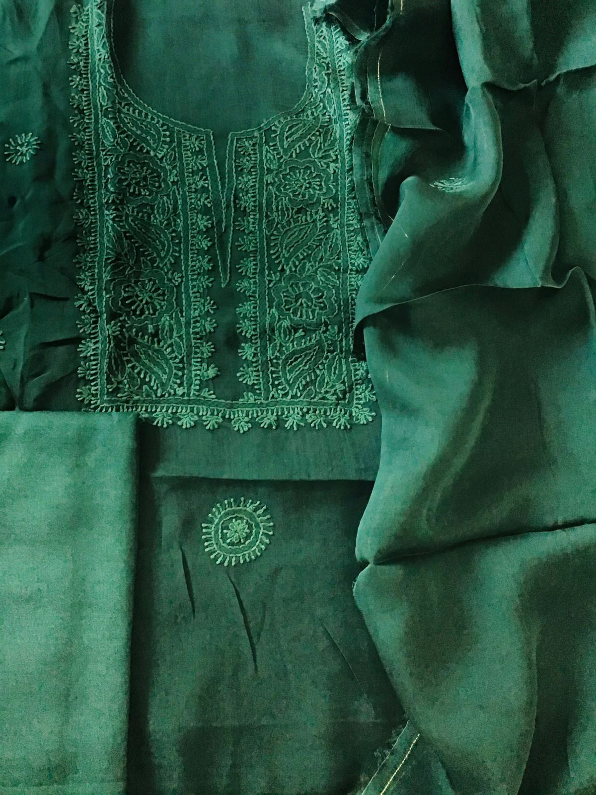 Pure Organza Embroidered Suit - Dark Green