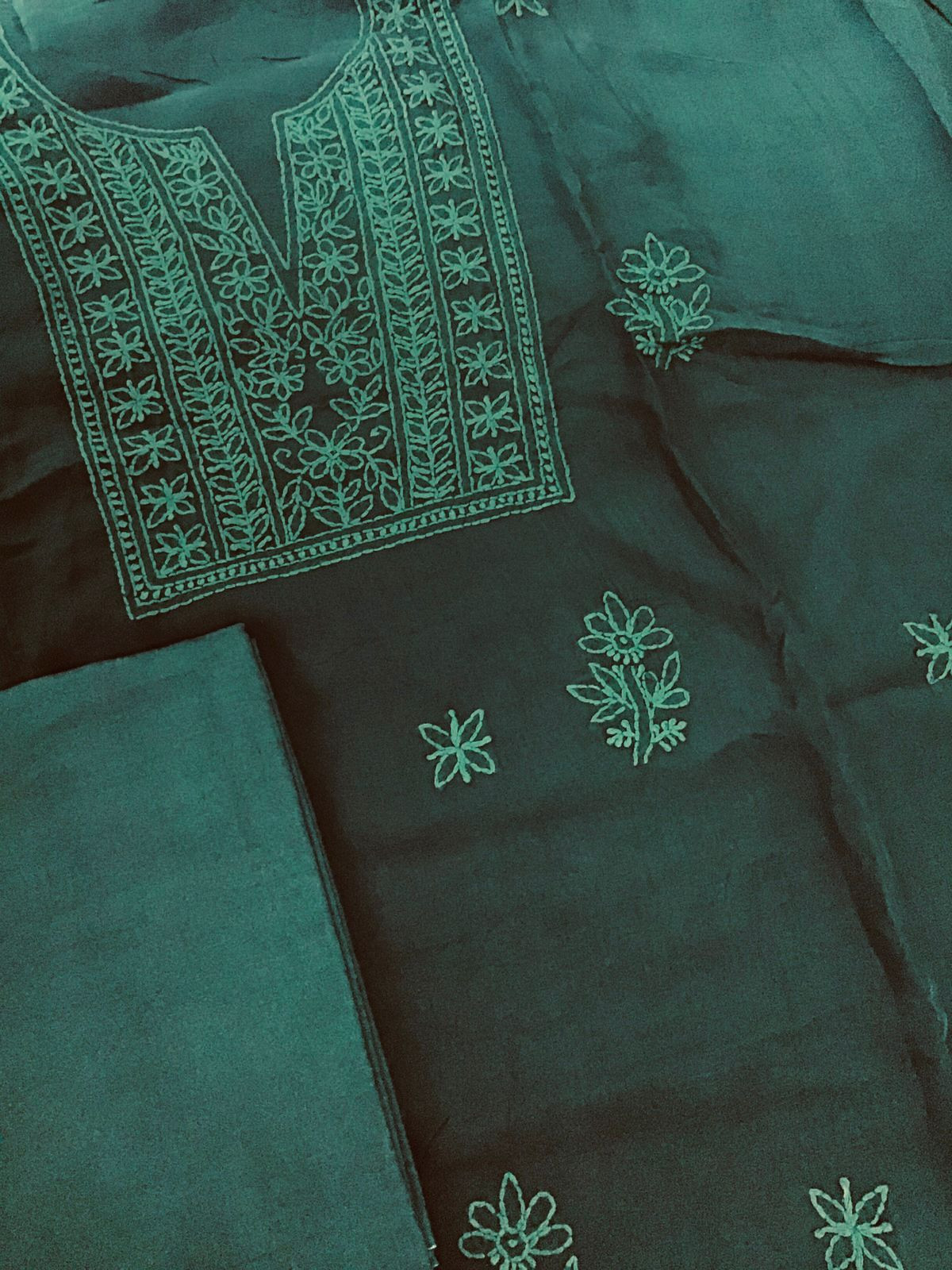 Pure Organza Embroidered Suit - Dark Green