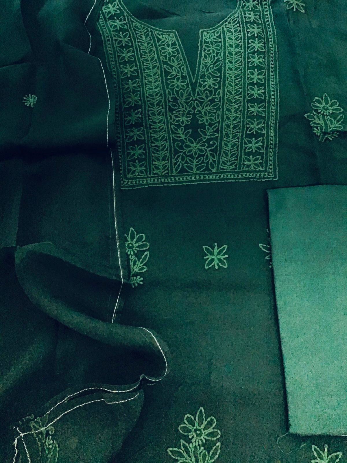 Pure Organza Embroidered Suit - Dark Green
