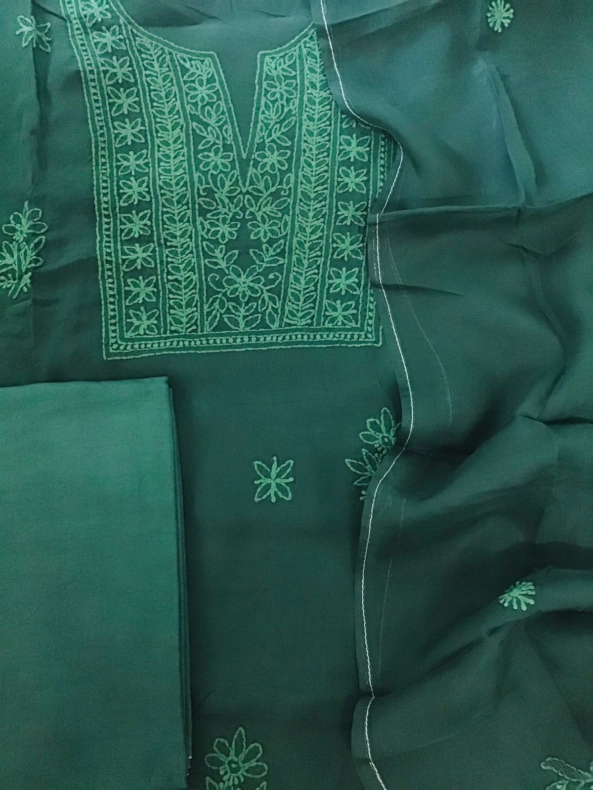 Pure Organza Embroidered Suit - Dark Green
