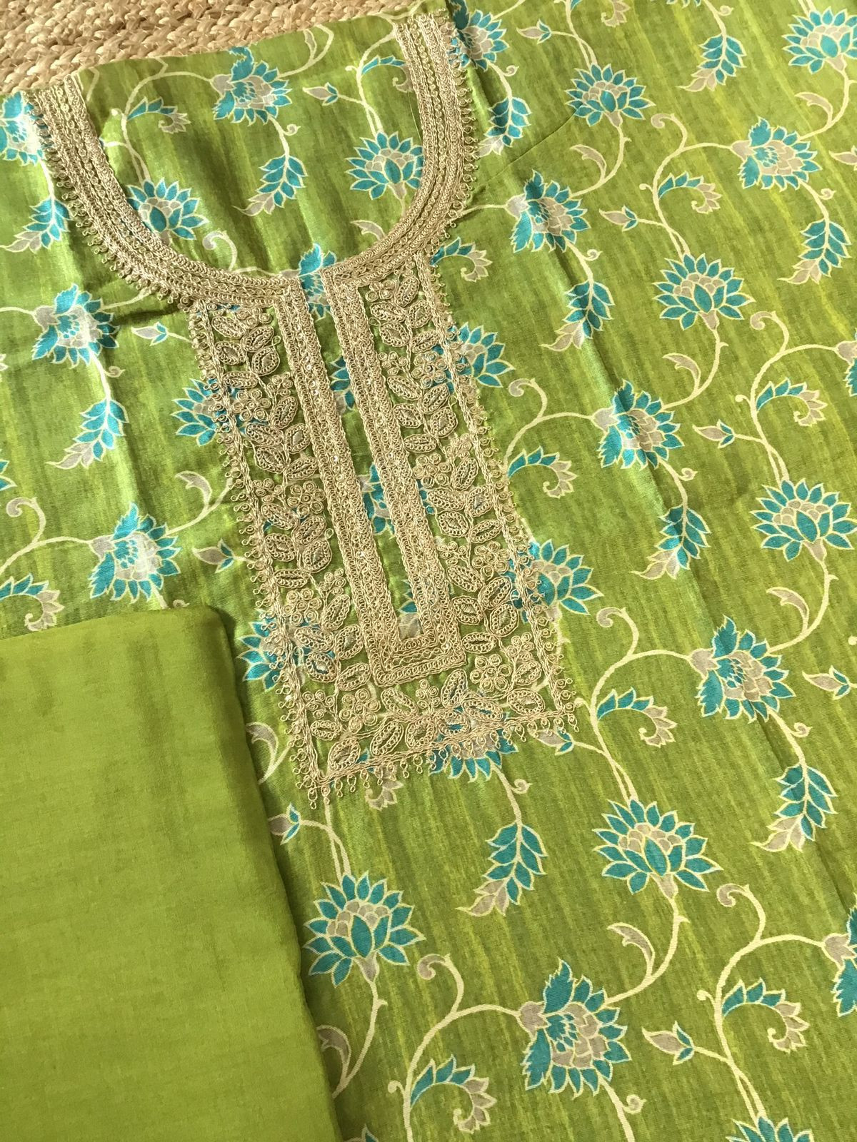 Soft Semi Raw Silk Printed Embroidered Suit - Green