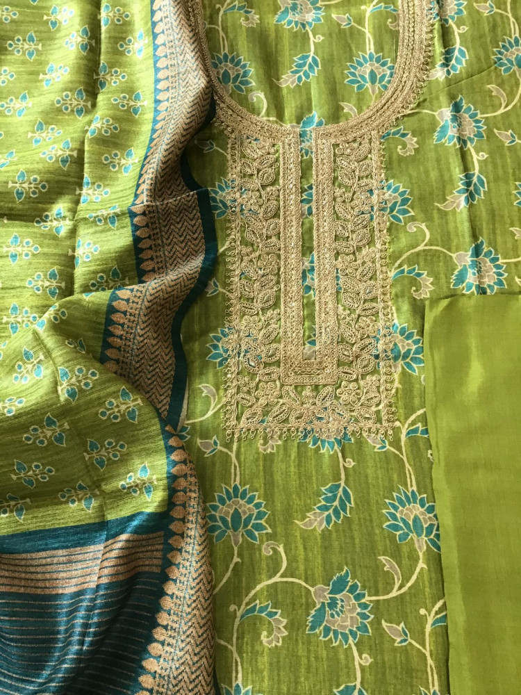 Image of Soft Semi Raw Silk Printed Embroidered Suit - Green