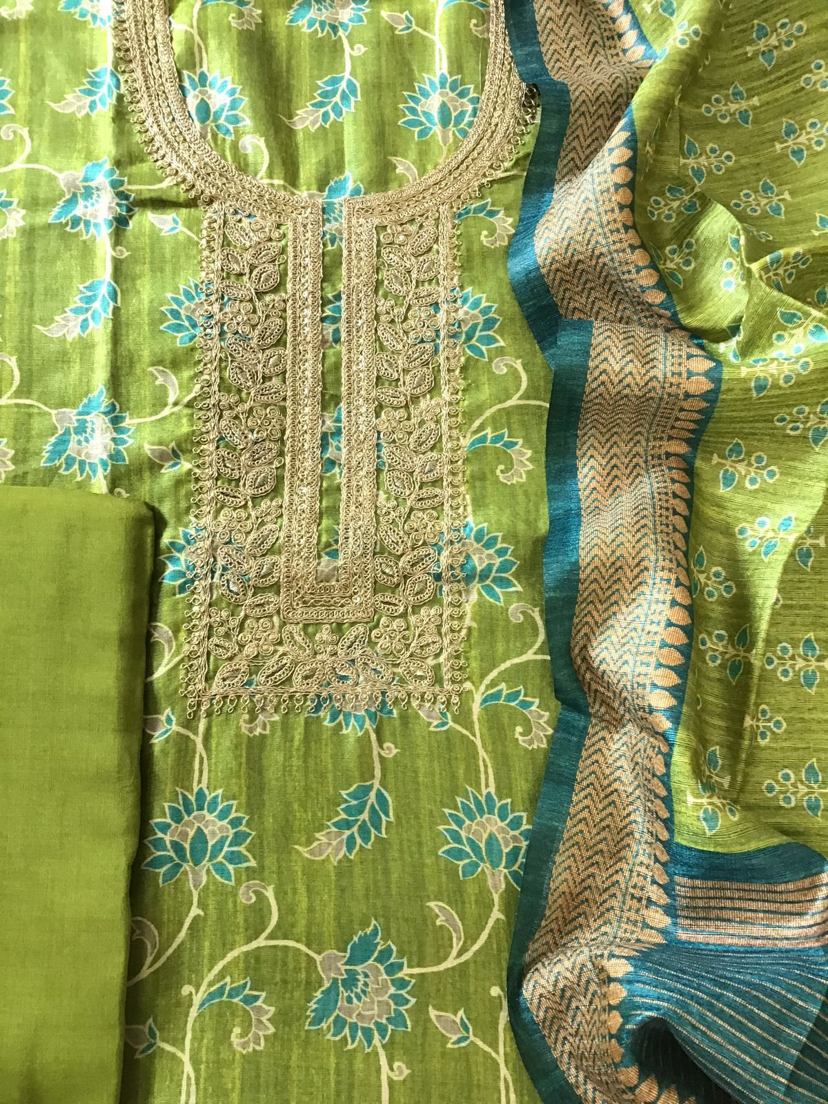 Soft Semi Raw Silk Printed Embroidered Suit - Green