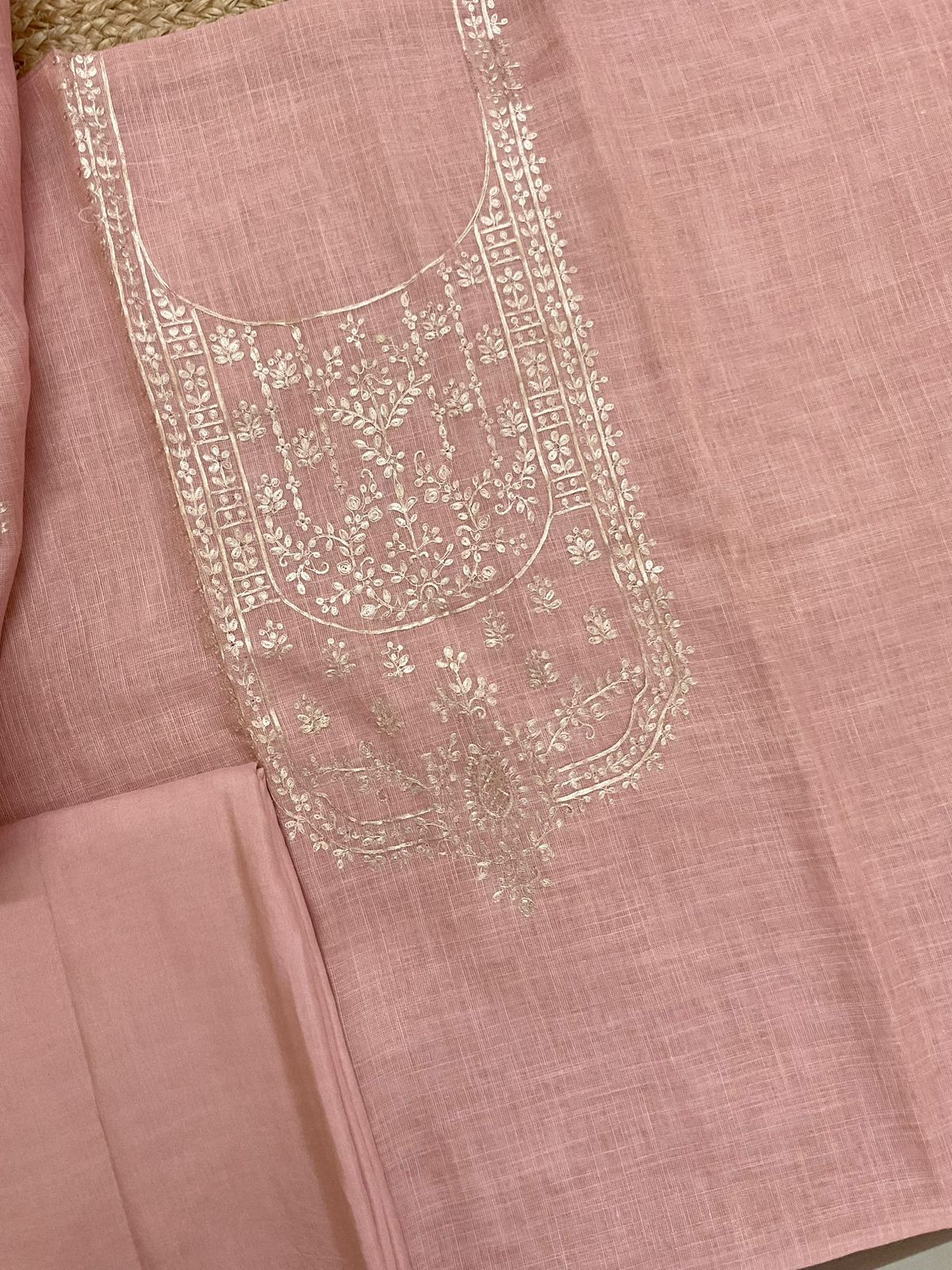 Pure Tissue Slub Cotton Embroidered Suit - Peach