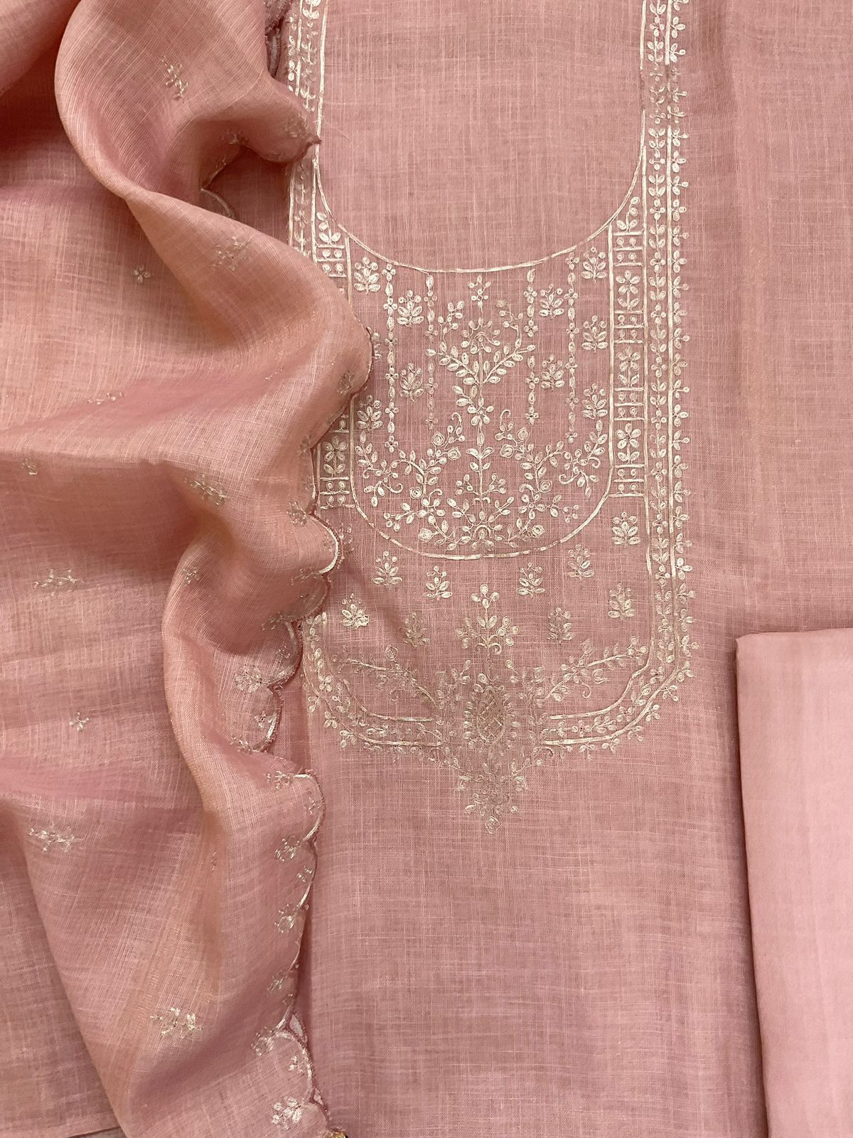 Pure Tissue Slub Cotton Embroidered Suit - Peach