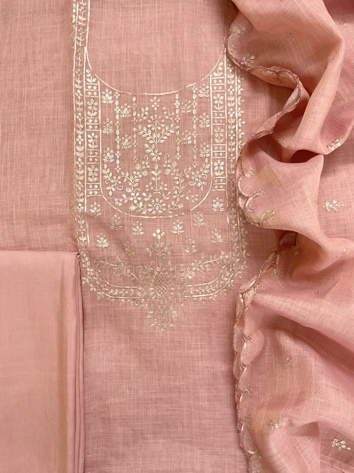 Pure Tissue Slub Cotton Embroidered Suit - Peach