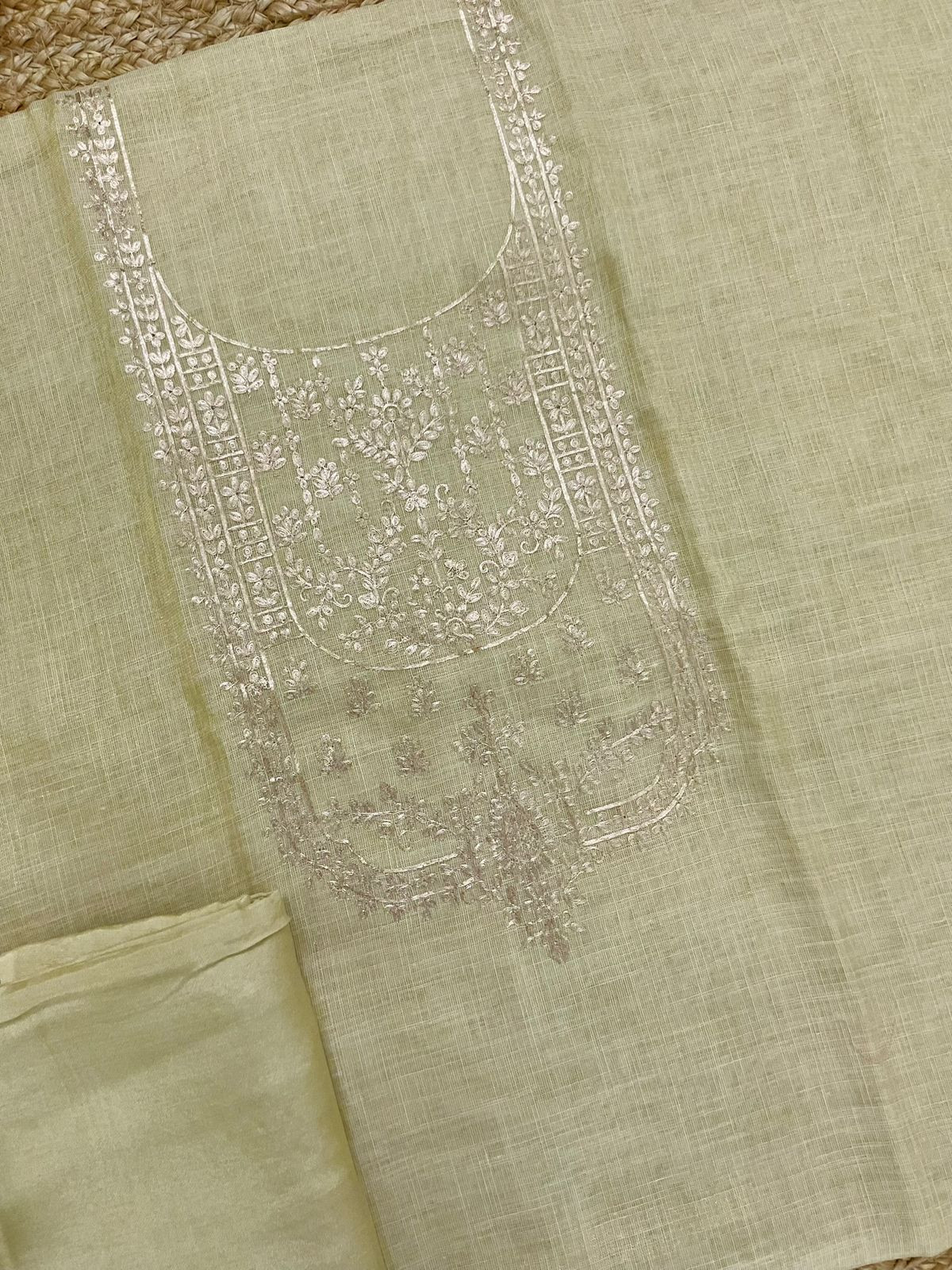 Pure Tissue Slub Cotton Embroidered Suit - Greenish Yellow
