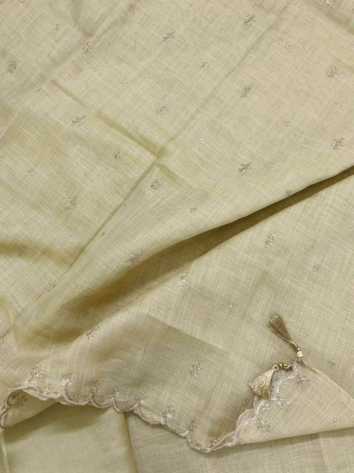 Pure Tissue Slub Cotton Embroidered Suit - Greenish Yellow