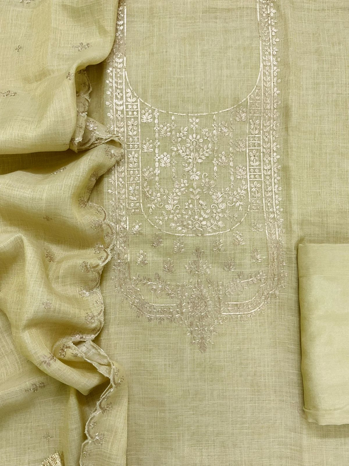 Pure Tissue Slub Cotton Embroidered Suit - Greenish Yellow