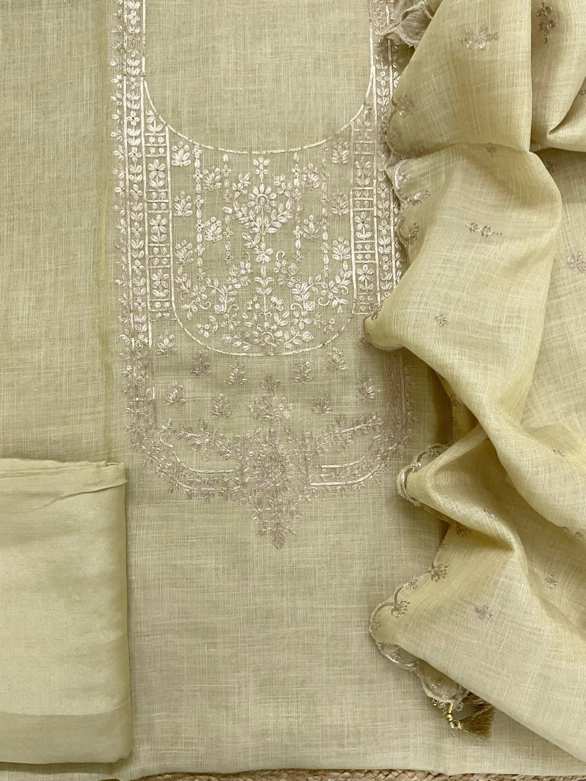 Pure Tissue Slub Cotton Embroidered Suit - Greenish Yellow