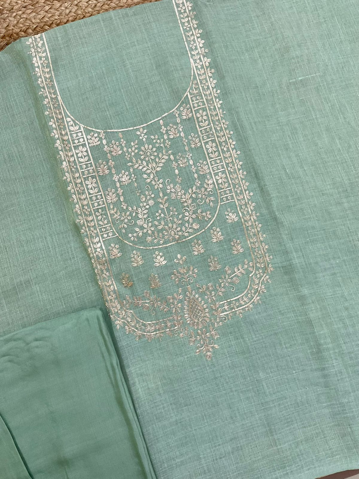 Pure Tissue Slub Cotton Embroidered Suit - Blue