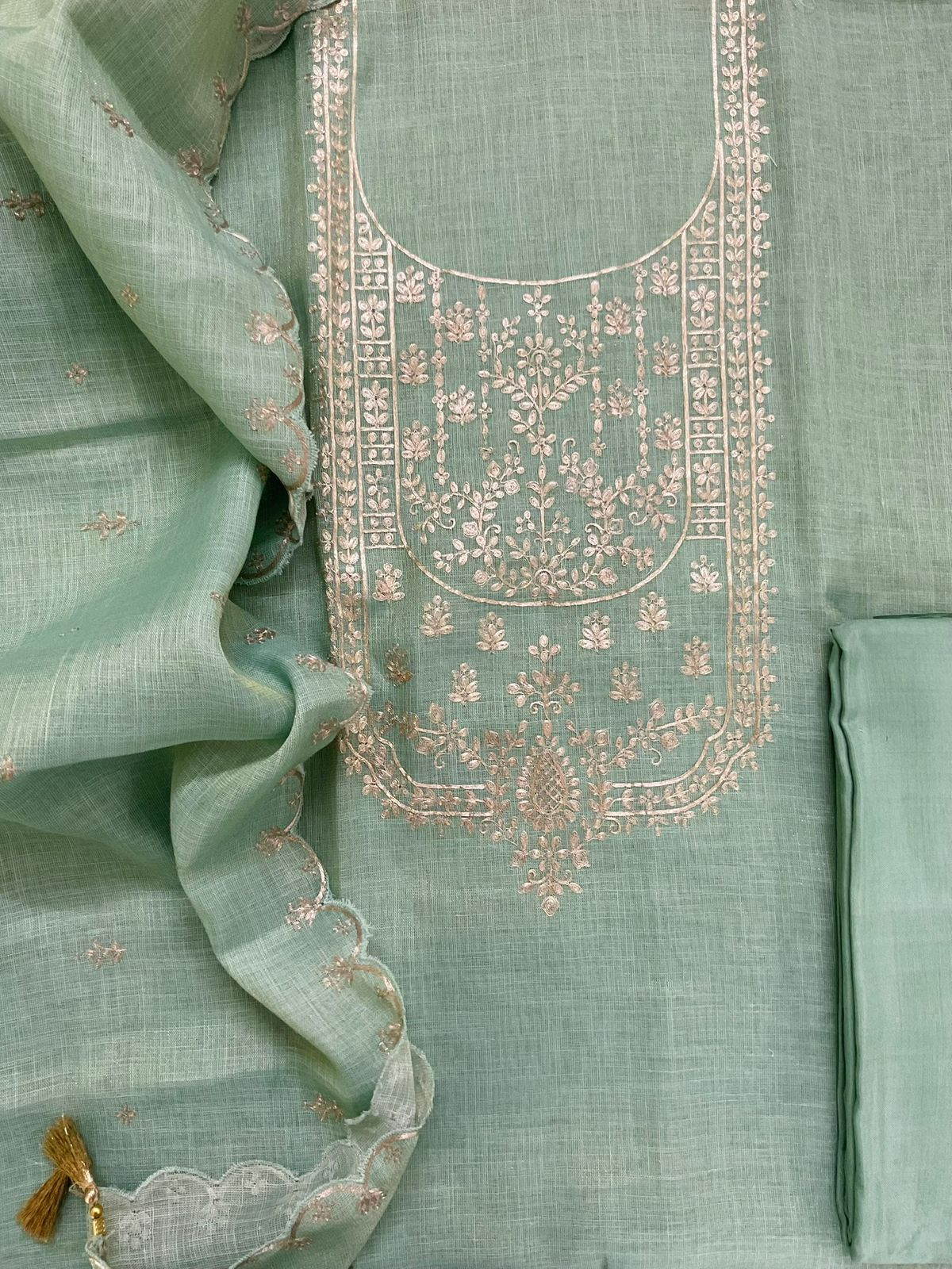 Pure Tissue Slub Cotton Embroidered Suit - Blue