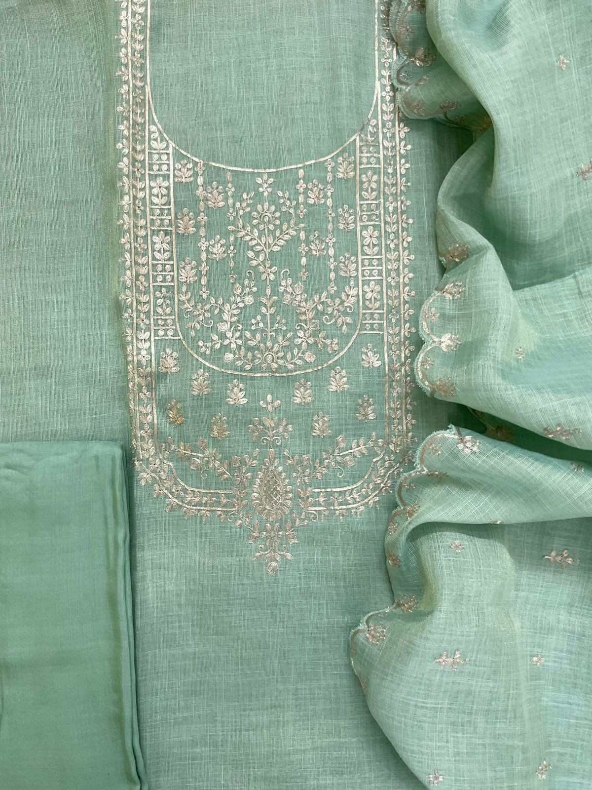 Pure Tissue Slub Cotton Embroidered Suit - Blue