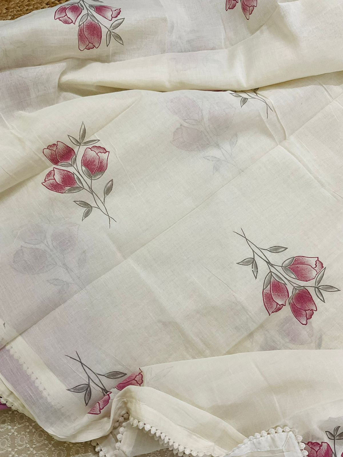 Pure Slub Chanderi Brush Painted Embroidered Suit - Beige