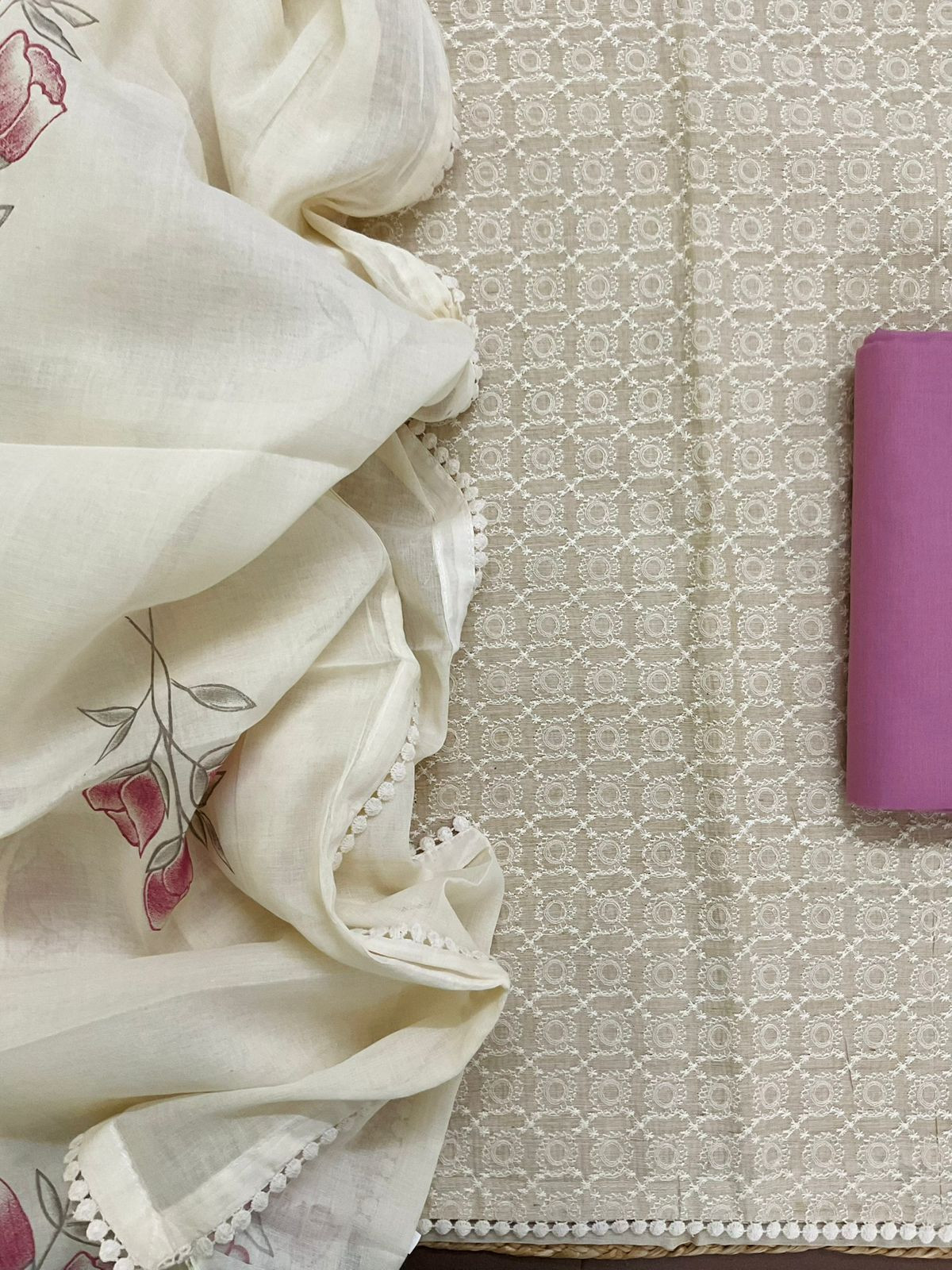 Pure Slub Chanderi Brush Painted Embroidered Suit - Beige