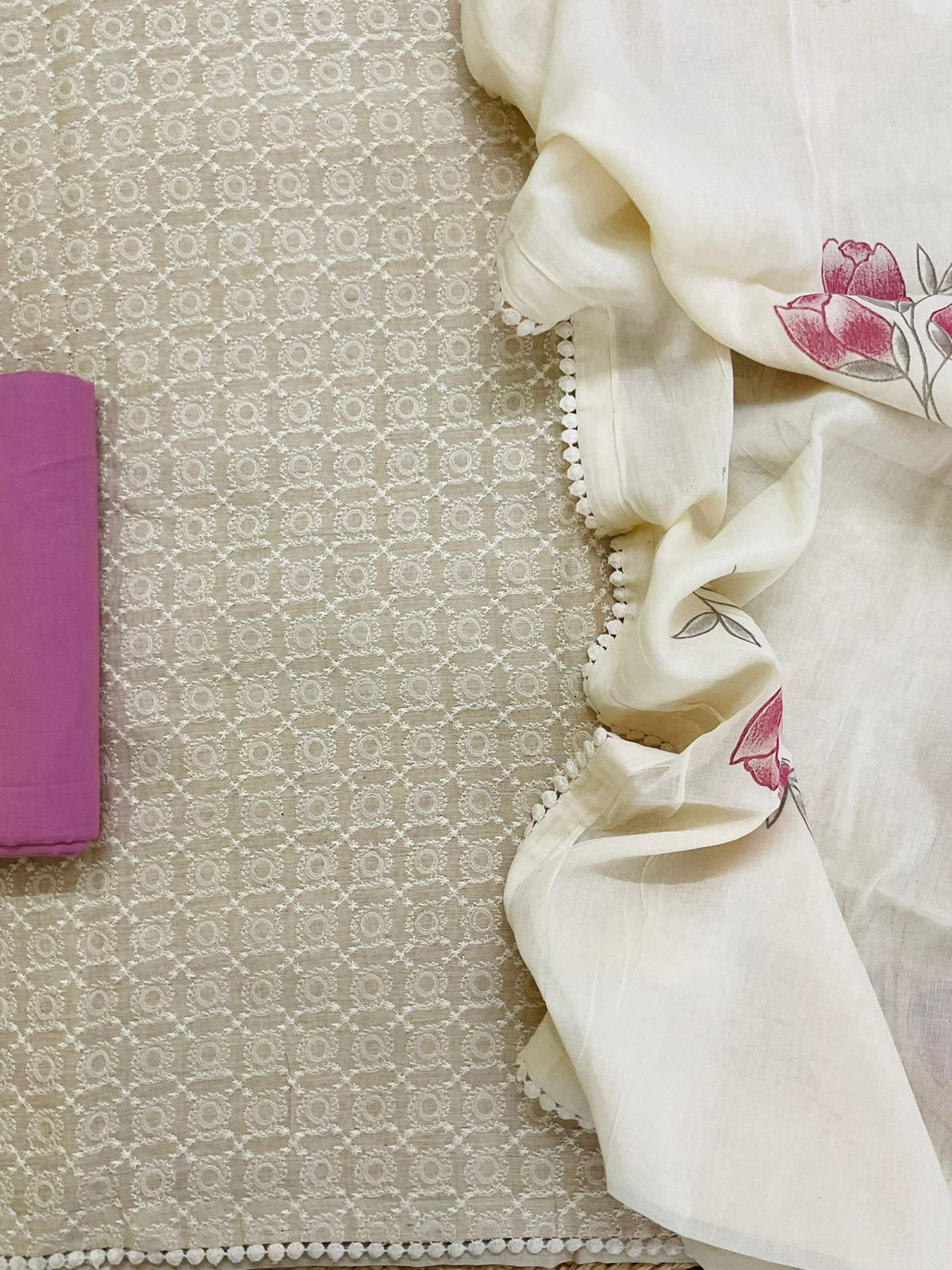 Pure Slub Chanderi Brush Painted Embroidered Suit - Beige