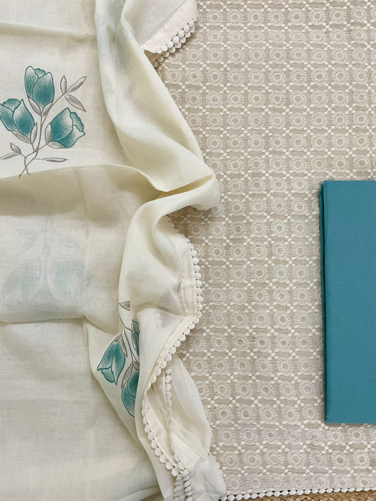 Pure Slub Chanderi Brush Painted Embroidered Suit - Beige