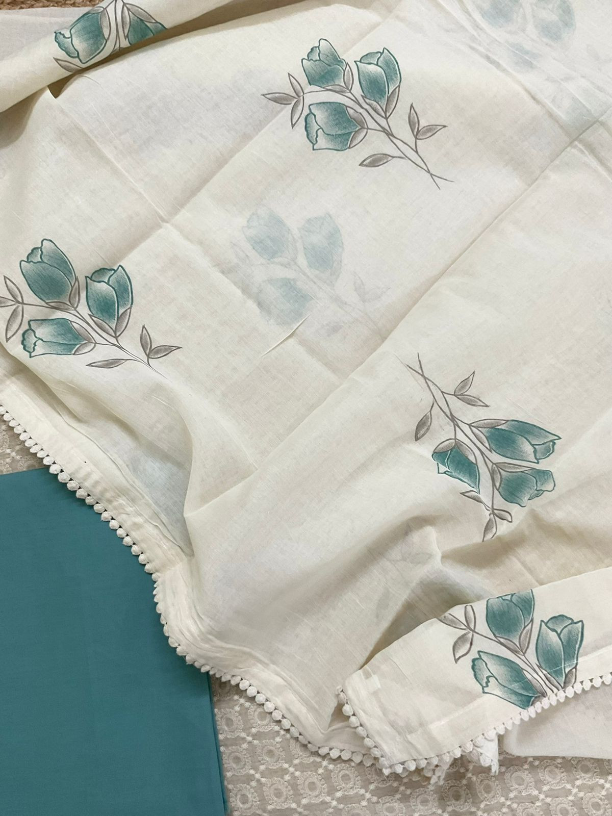 Pure Slub Chanderi Brush Painted Embroidered Suit - Beige