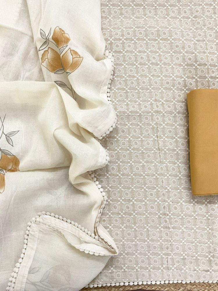 Image of Pure Slub Chanderi Brush Painted Embroidered Suit - Beige