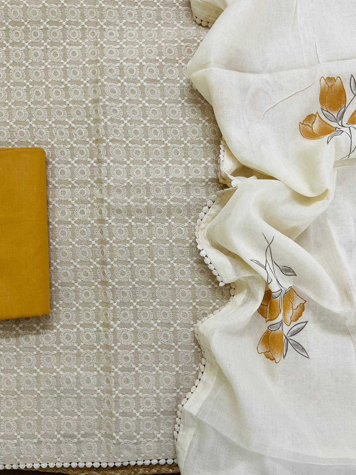 Pure Slub Chanderi Brush Painted Embroidered Suit - Beige