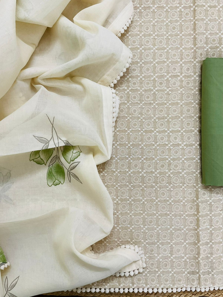 Image of Pure Slub Chanderi Brush Painted Embroidered Suit - Beige