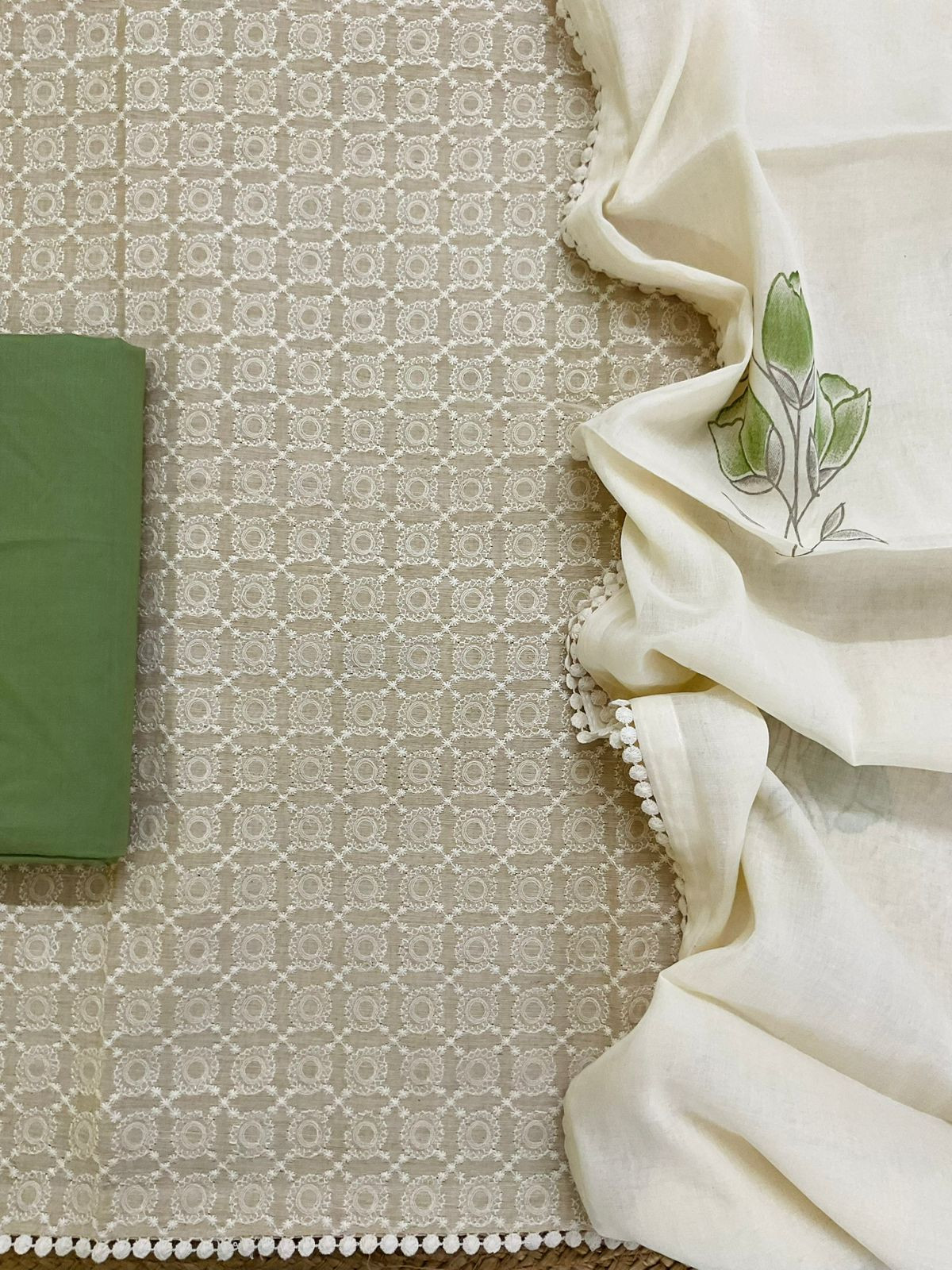 Pure Slub Chanderi Brush Painted Embroidered Suit - Beige