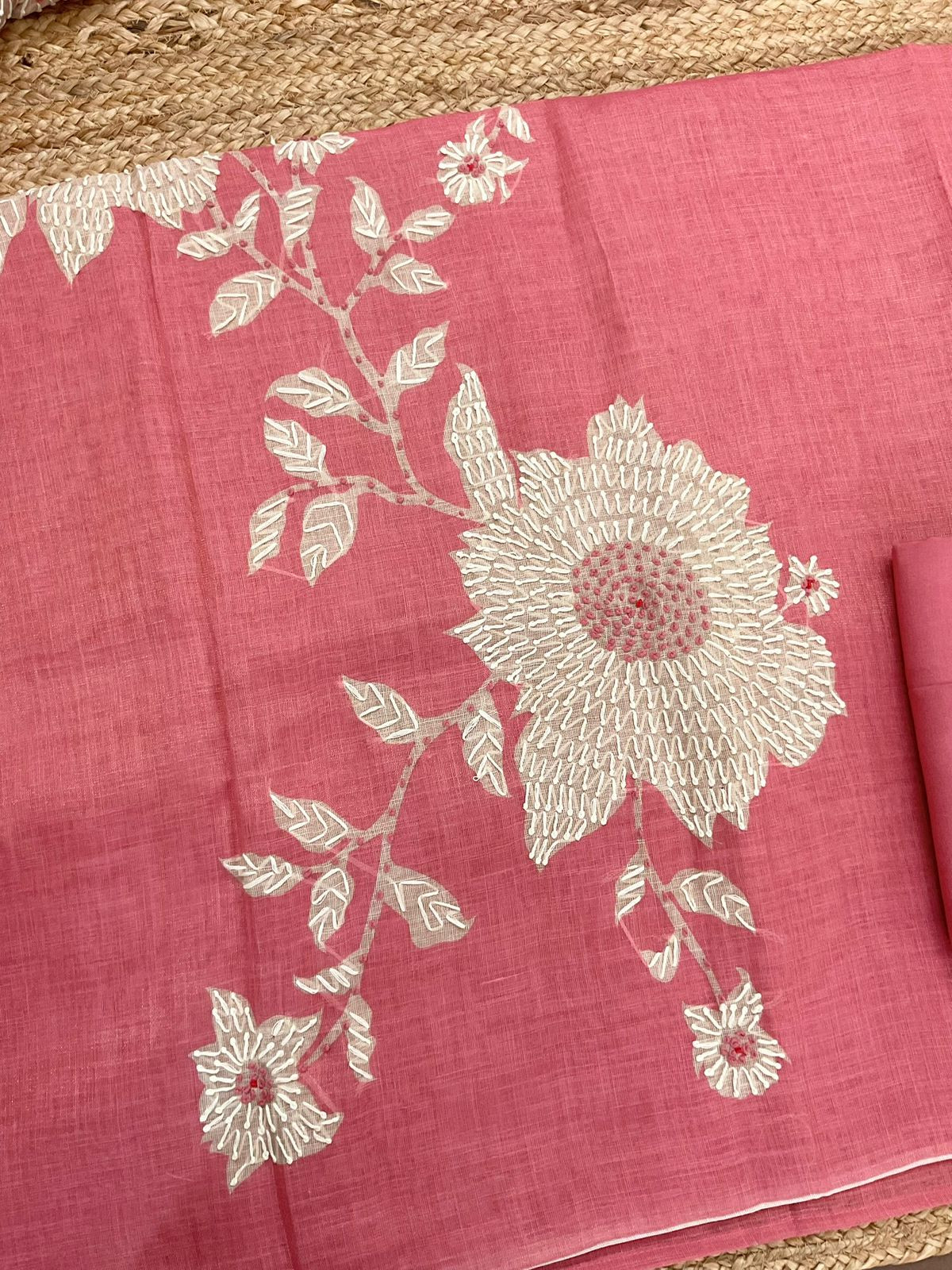 Soft Tissue Slub Cotton Printed Embroidered Suit - Pink