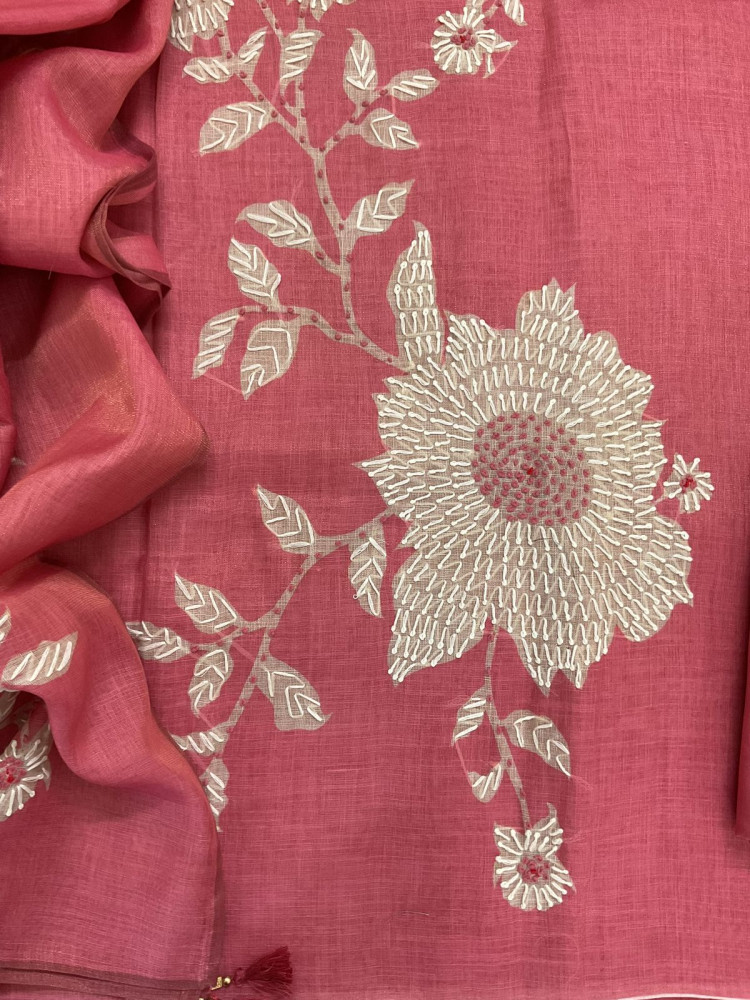 Image of Soft Tissue Slub Cotton Printed Embroidered Suit - Pink