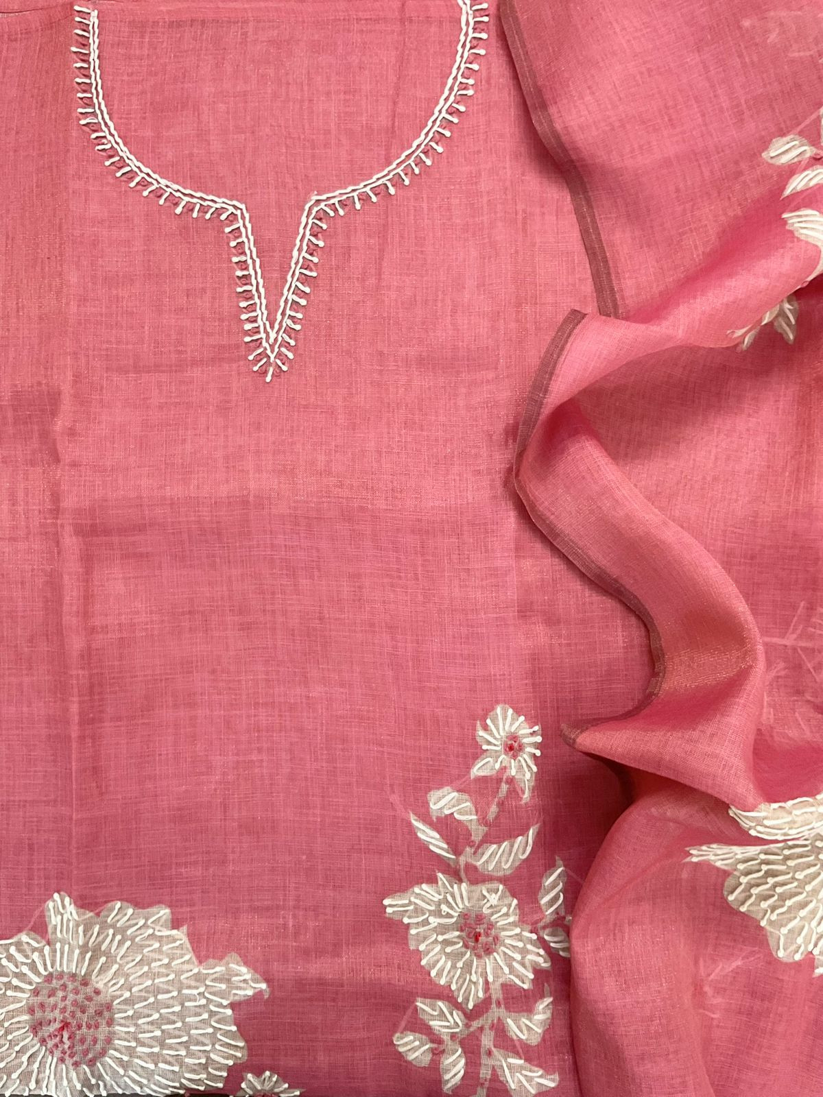 Soft Tissue Slub Cotton Printed Embroidered Suit - Pink
