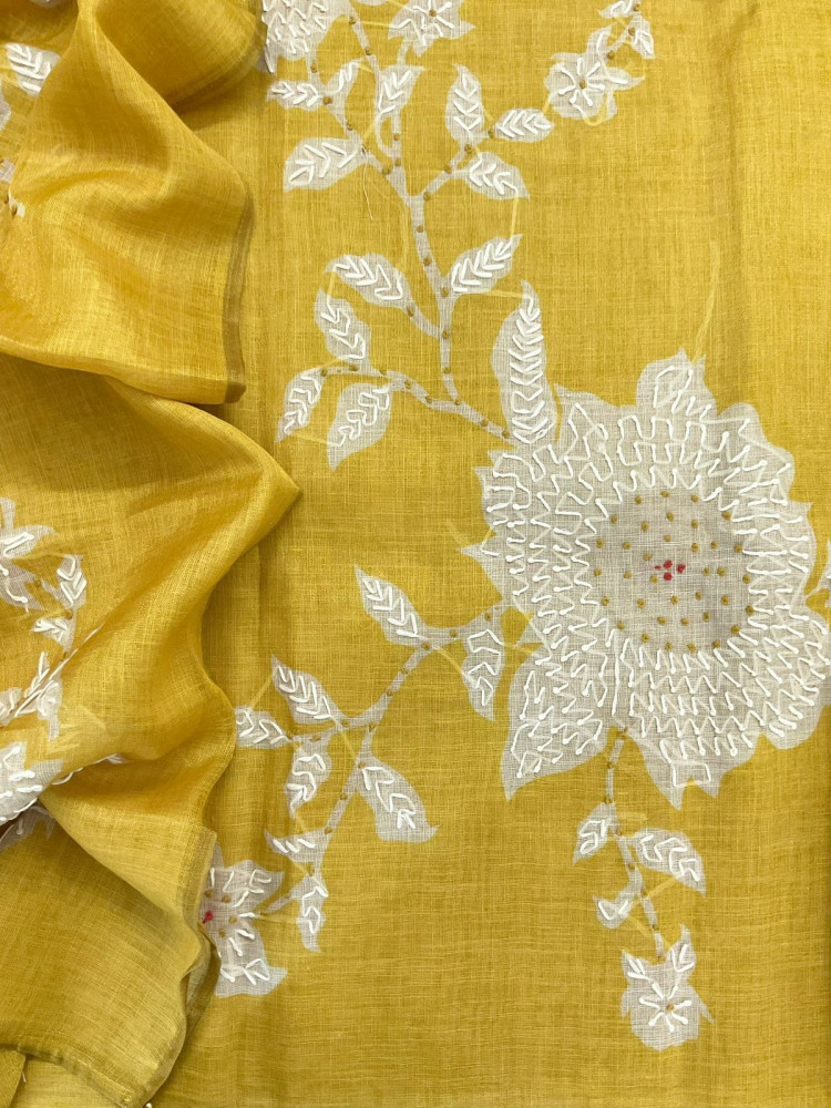 Image of Soft Tissue Slub Cotton Printed Embroidered Suit - Yellow