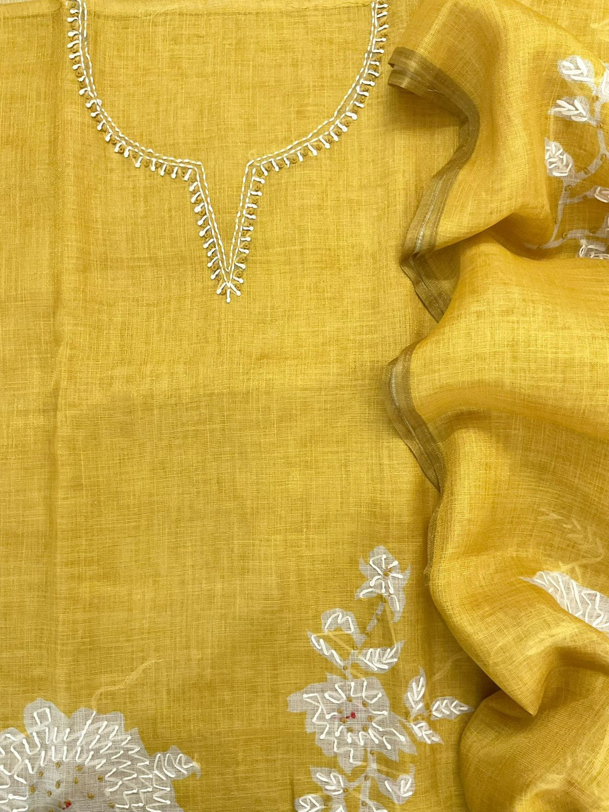 Soft Tissue Slub Cotton Printed Embroidered Suit - Yellow