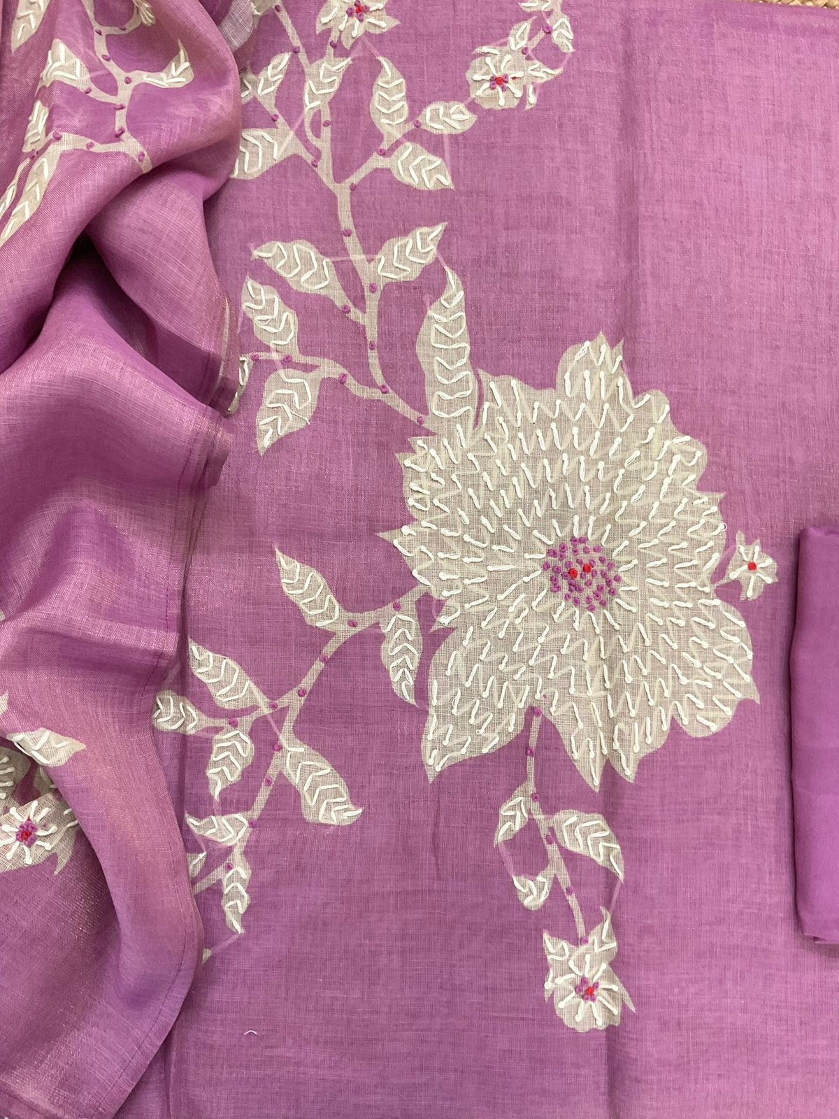 Soft Tissue Slub Cotton Printed Embroidered Suit - Purple