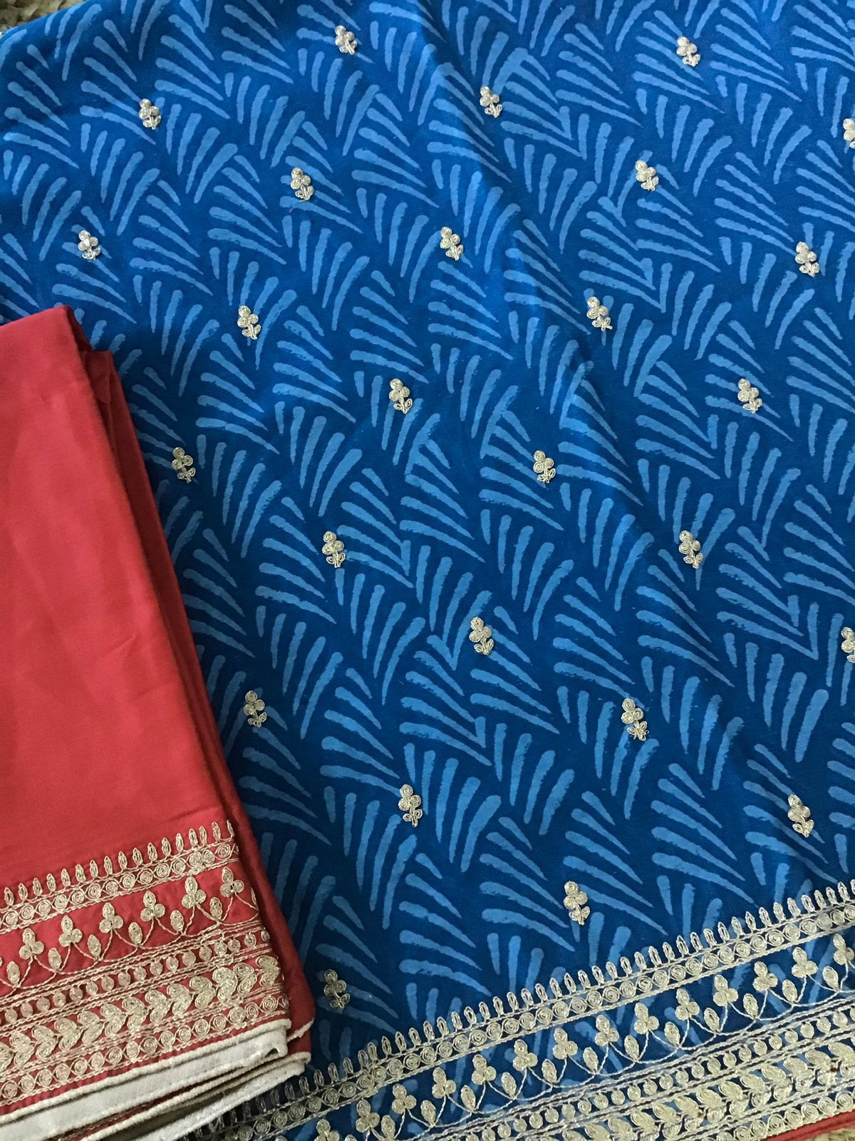 Pure Maheshwari Silk Printed Embroidered Suit - Blue
