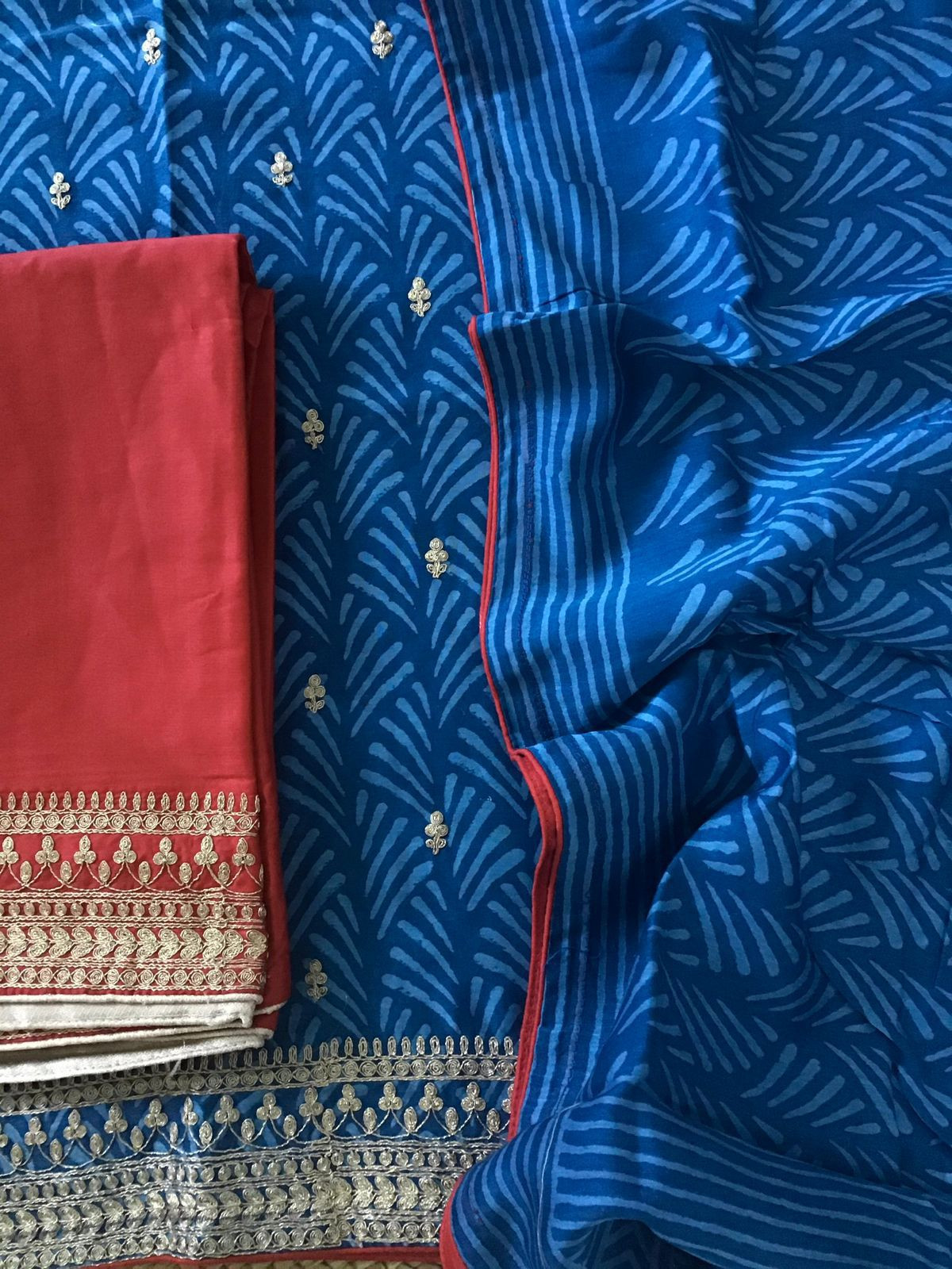 Pure Maheshwari Silk Printed Embroidered Suit - Blue