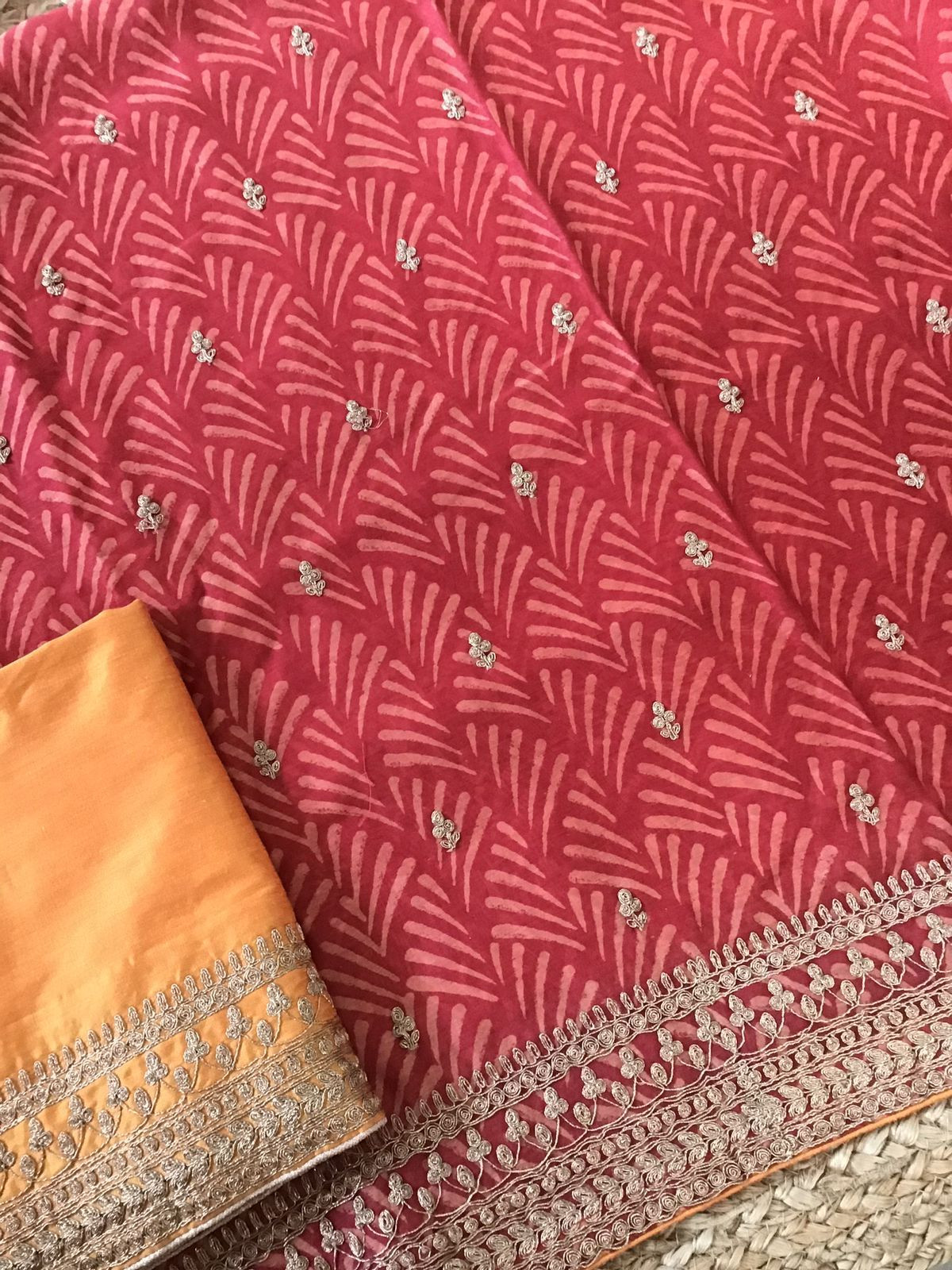 Pure Maheshwari Silk Printed Embroidered Suit - Red