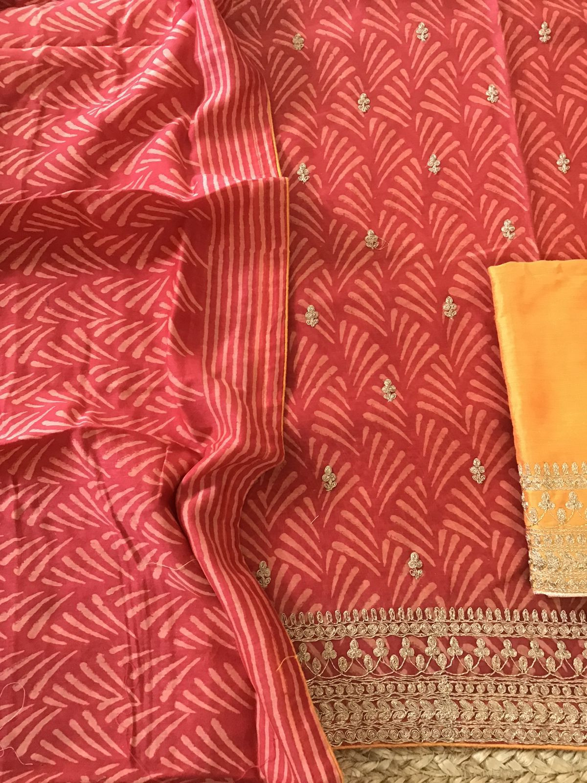 Pure Maheshwari Silk Printed Embroidered Suit - Red