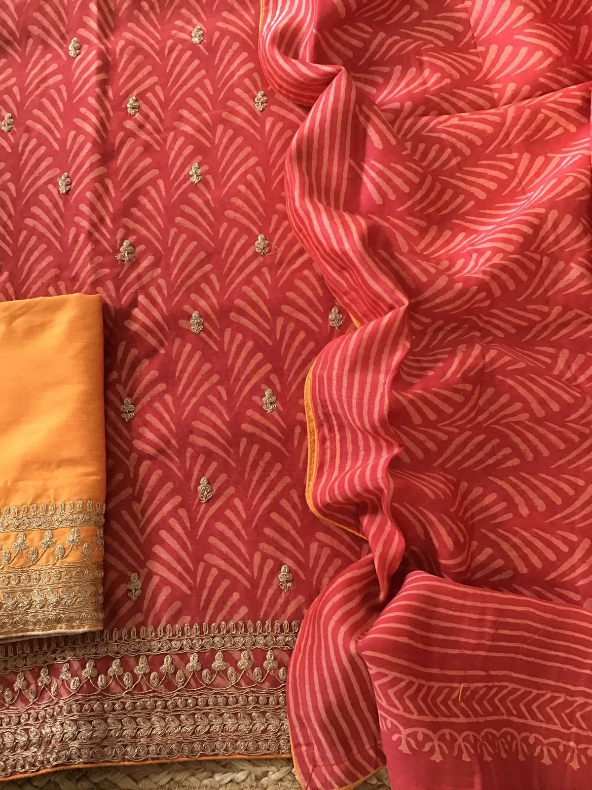 Pure Maheshwari Silk Printed Embroidered Suit - Red