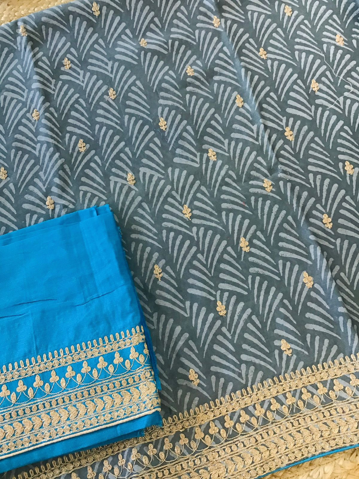 Pure Maheshwari Silk Printed Embroidered Suit - Grey