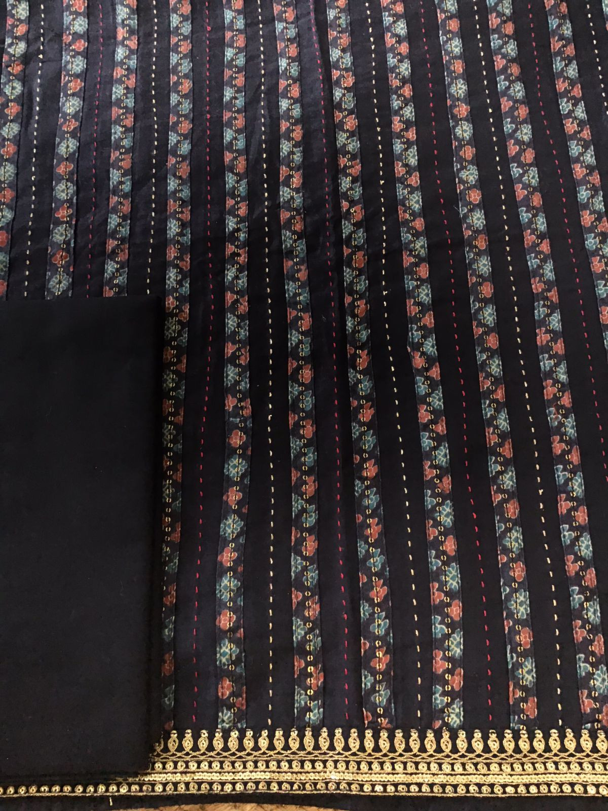 Pure Chanderi Printed Embroidered Suit - Black