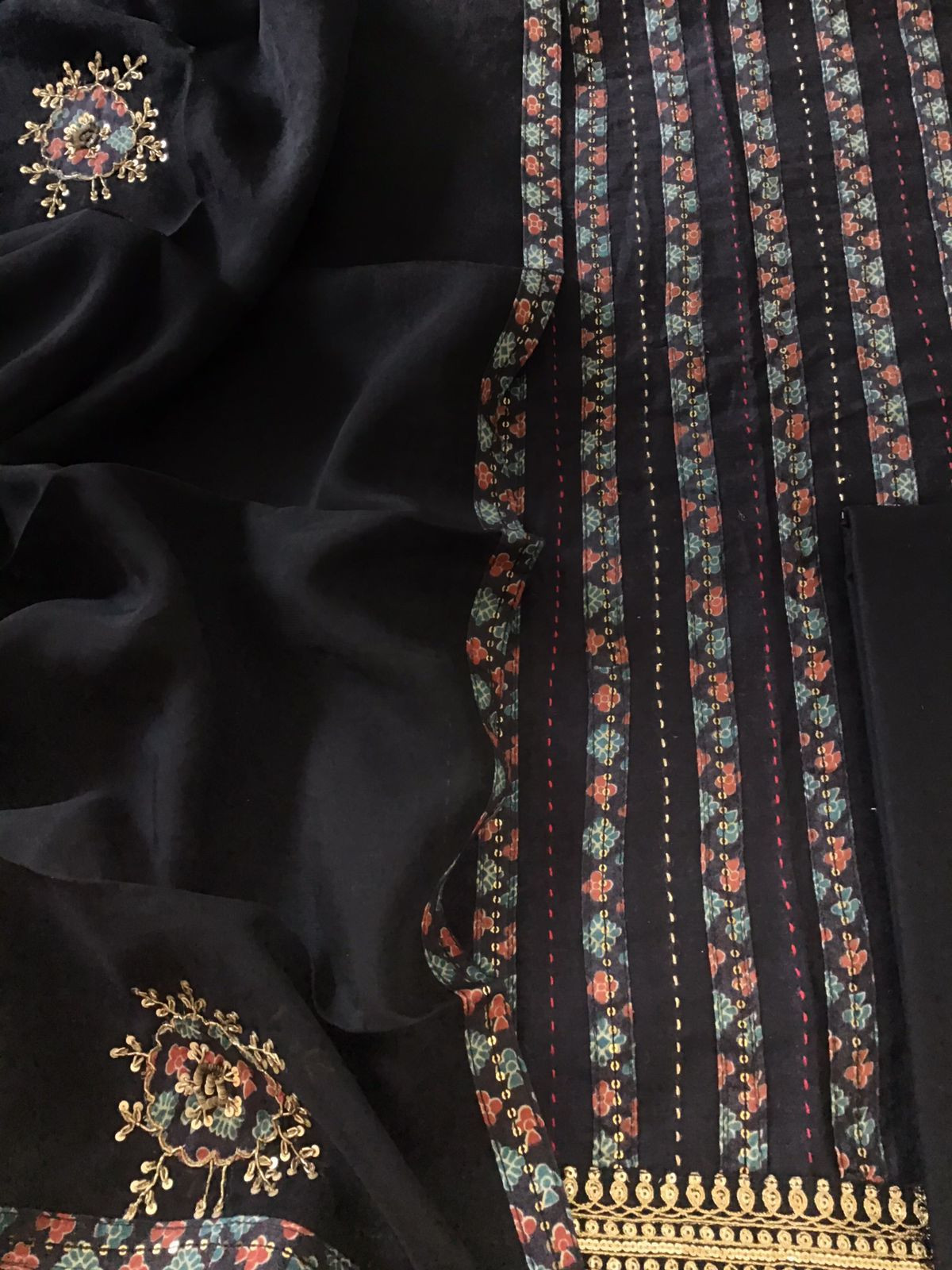Pure Chanderi Printed Embroidered Suit - Black