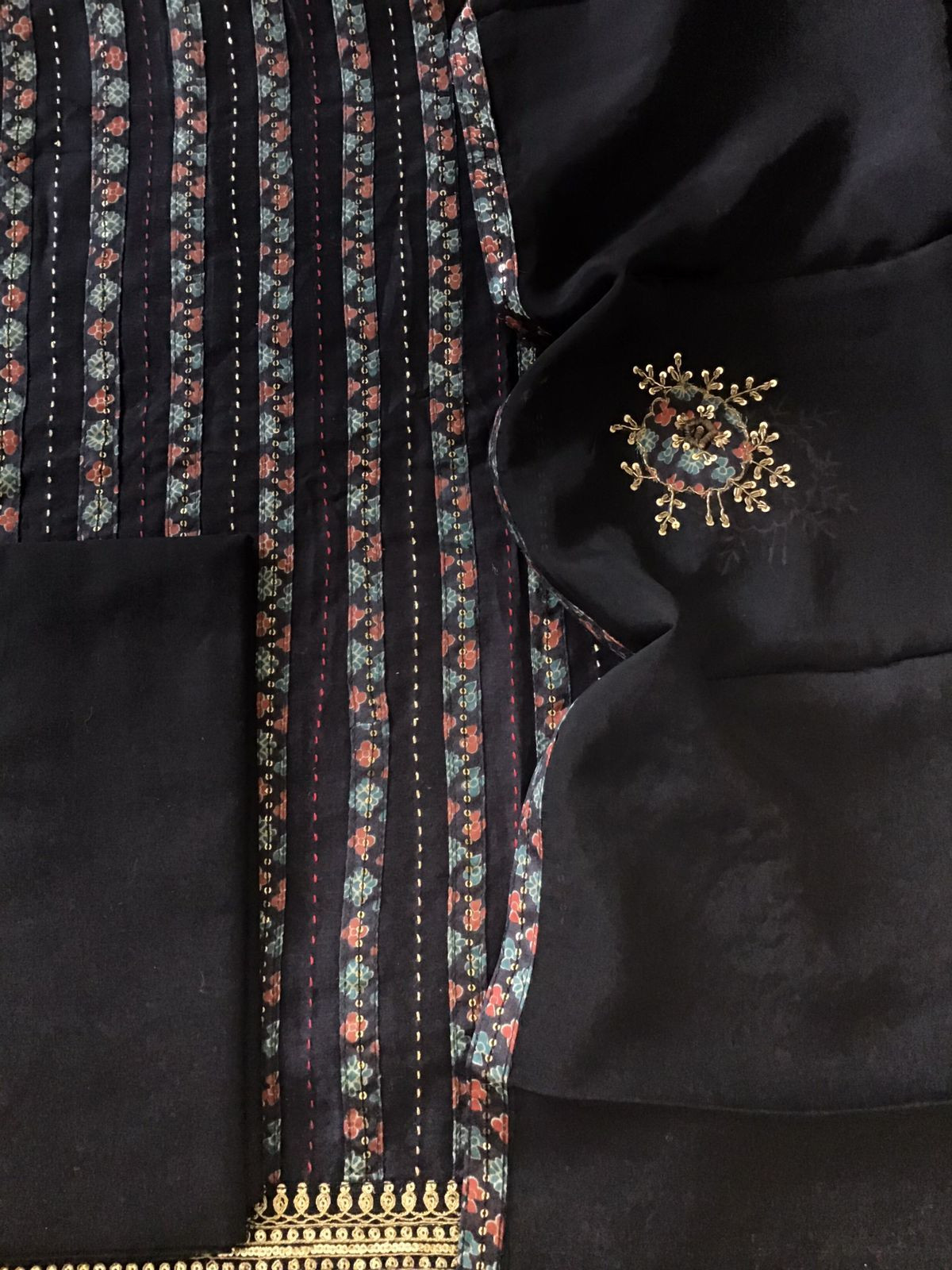 Pure Chanderi Printed Embroidered Suit - Black