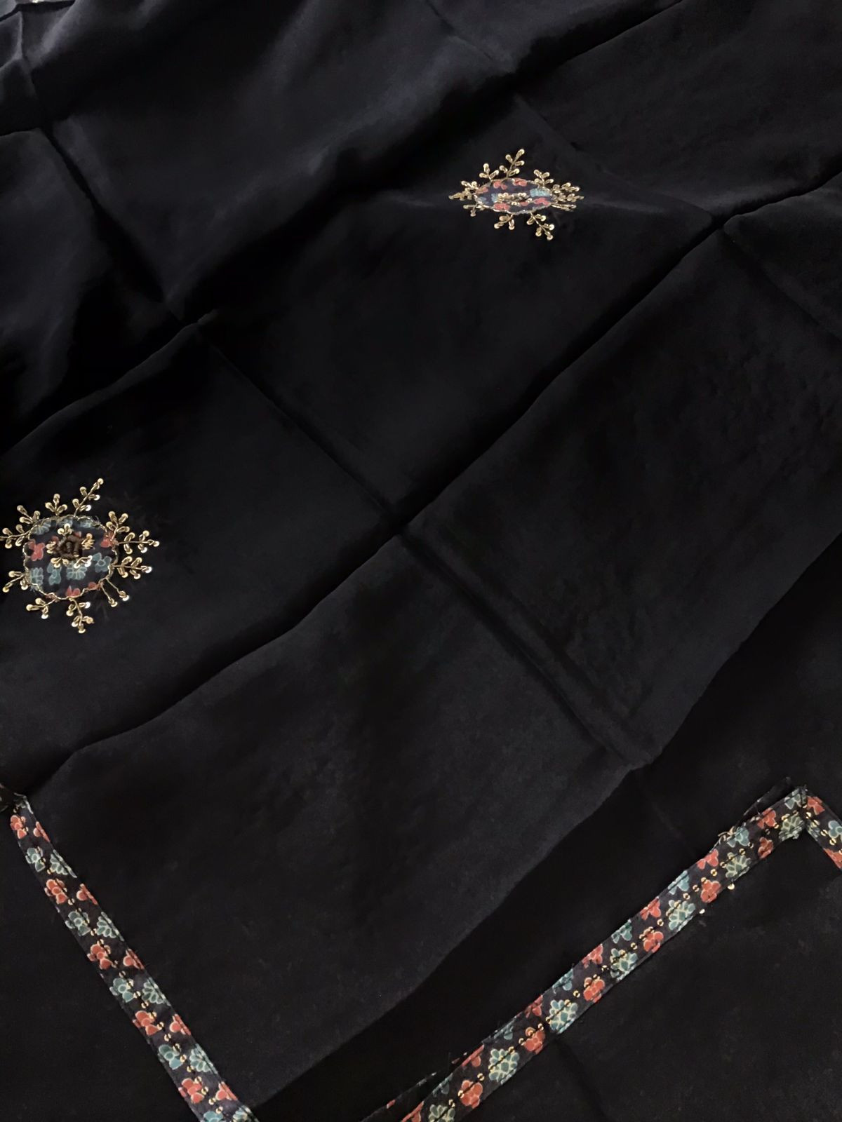 Pure Chanderi Printed Embroidered Suit - Black