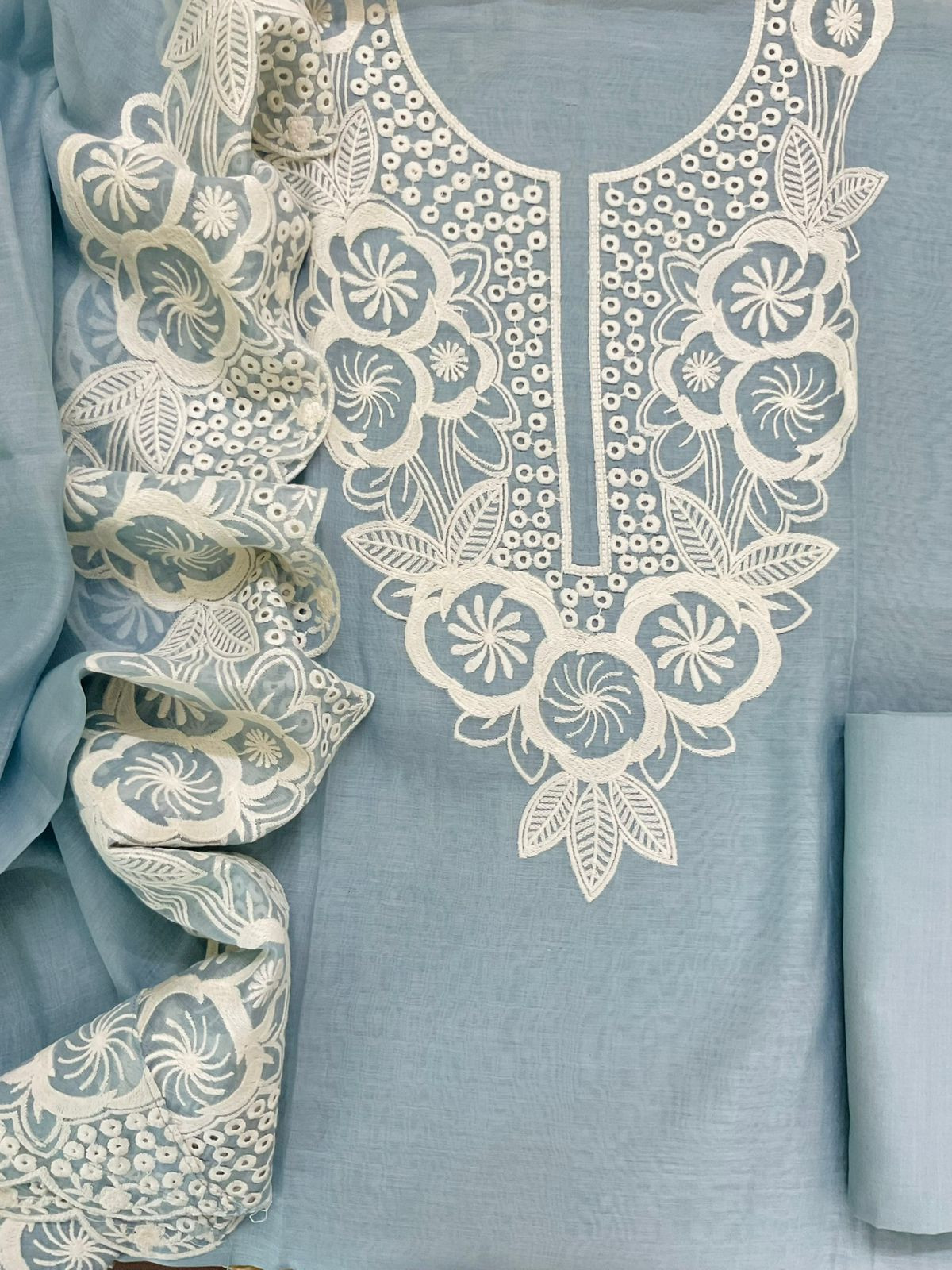 Pure Mul Chanderi Embroidered Suit - Grey