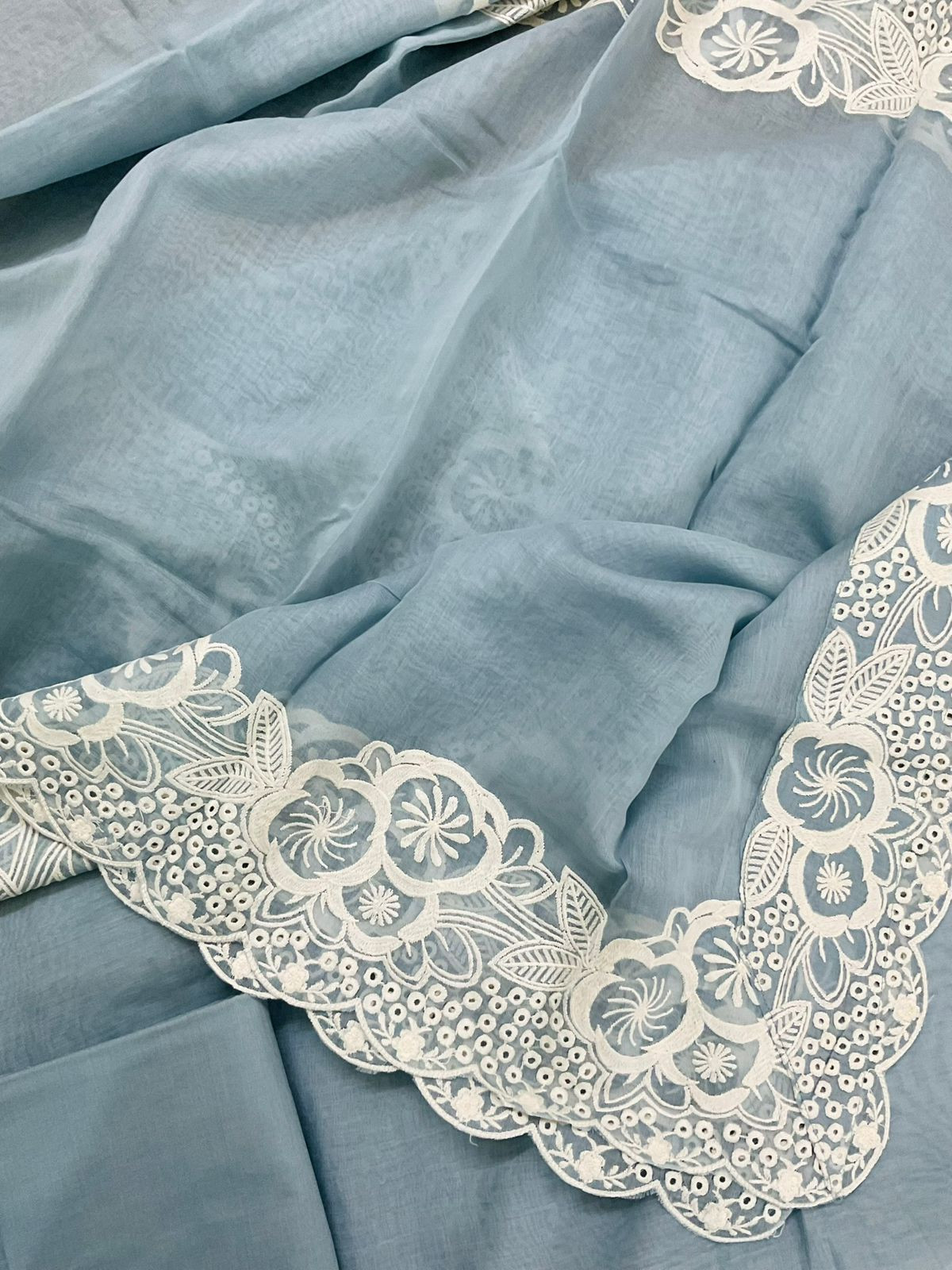 Pure Mul Chanderi Embroidered Suit - Grey