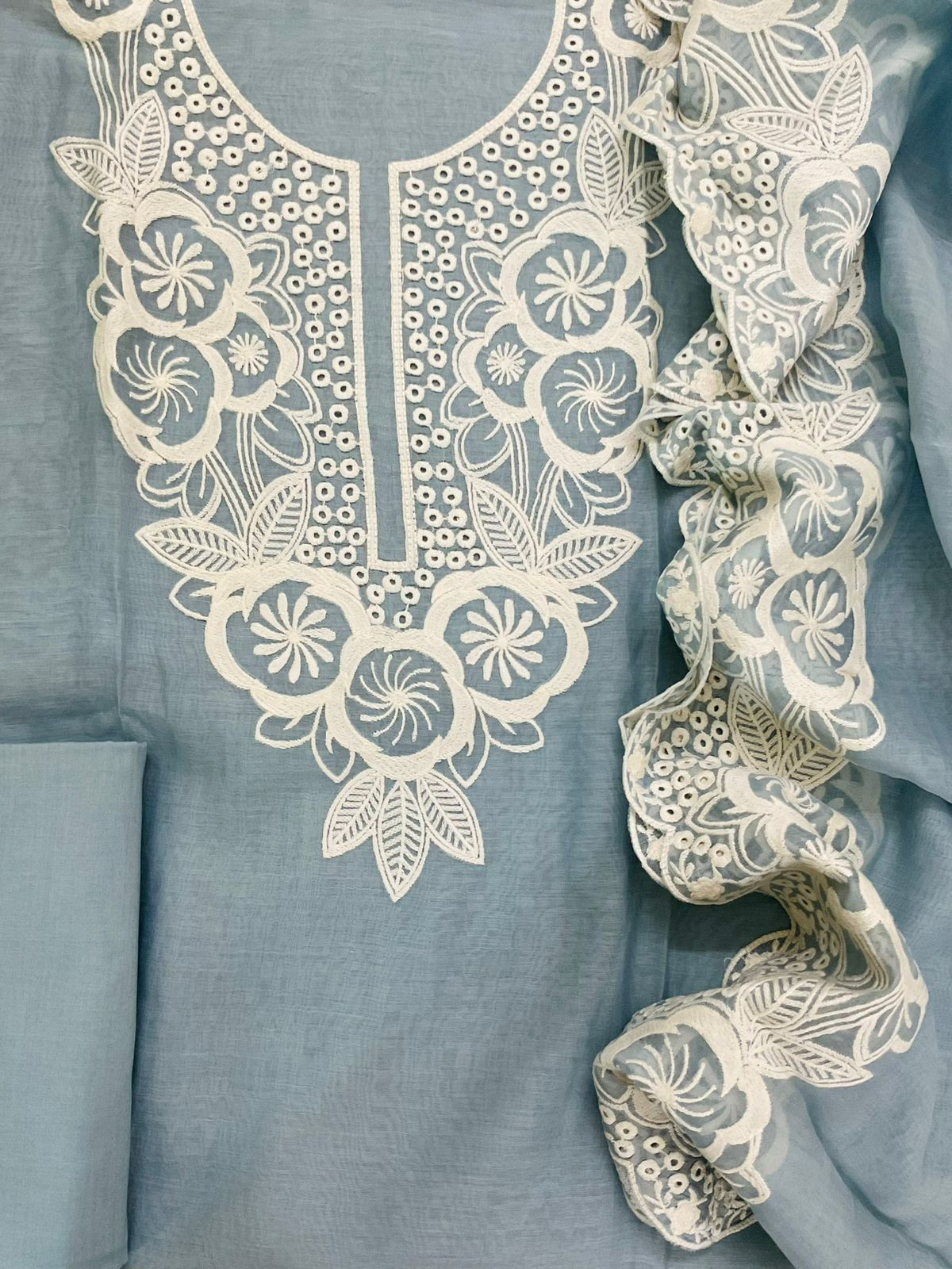 Pure Mul Chanderi Embroidered Suit - Grey