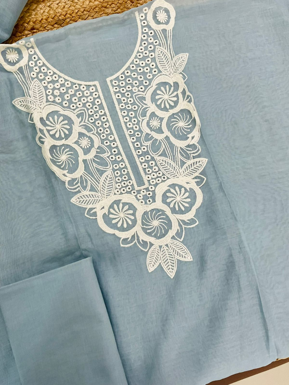 Pure Mul Chanderi Embroidered Suit - Grey