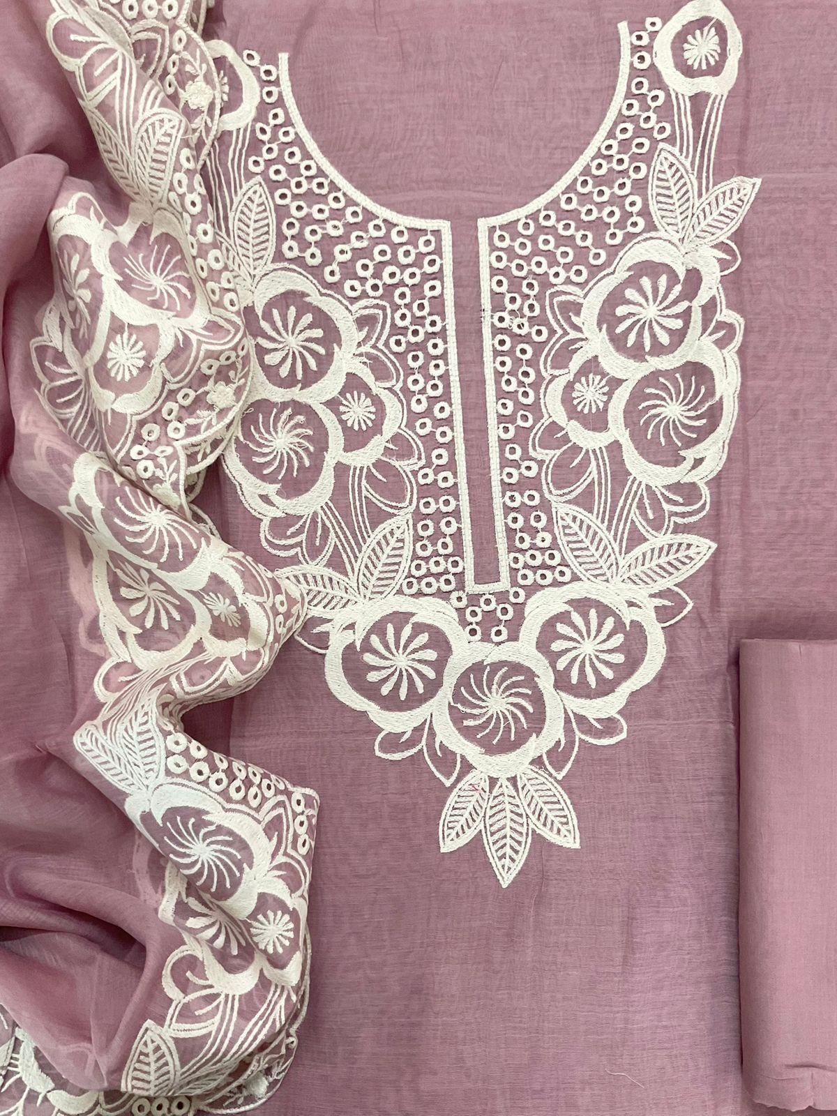 Pure Mul Chanderi Embroidered Suit - Mauve