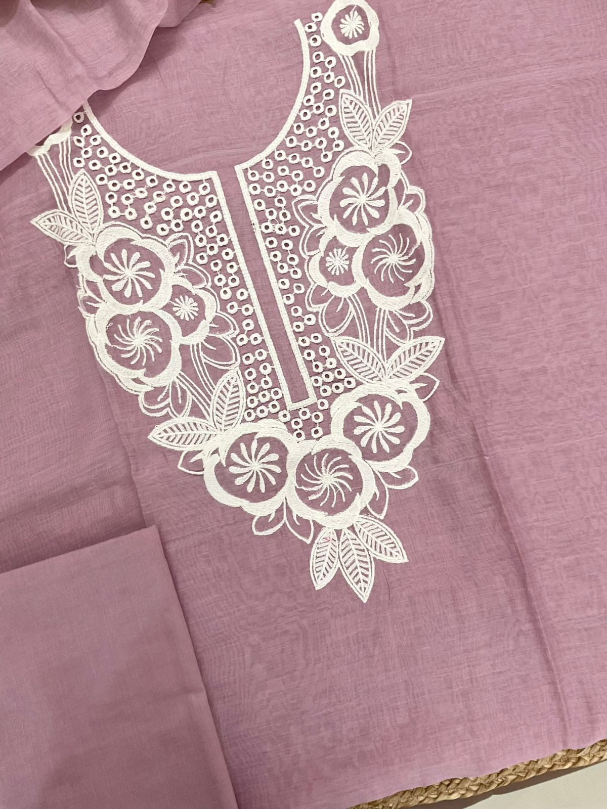 Pure Mul Chanderi Embroidered Suit - Mauve